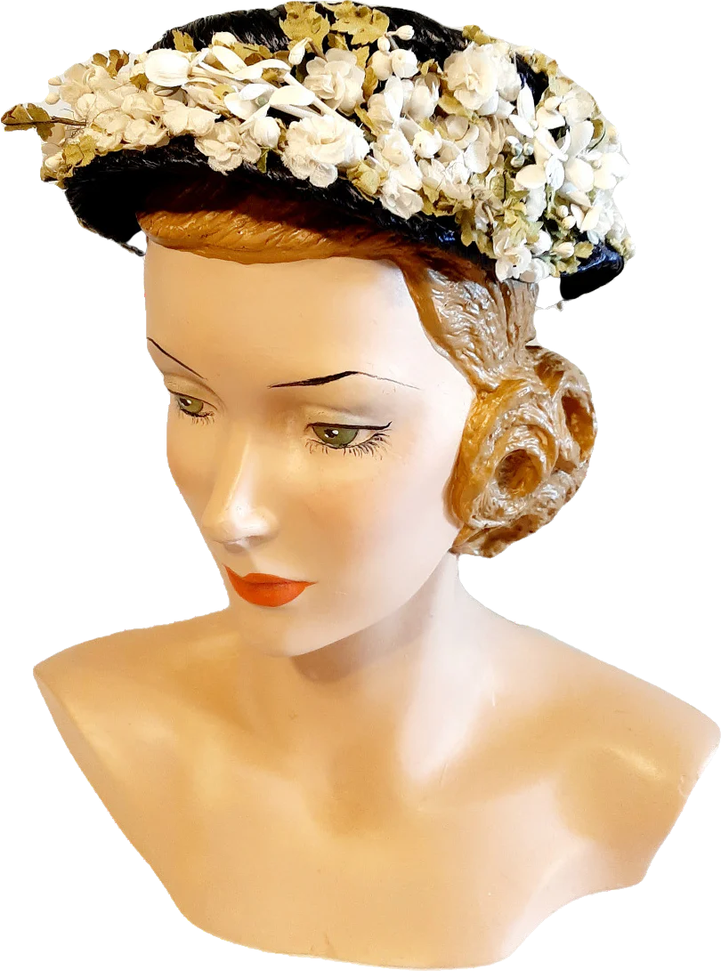 50s Navy Straw Hat With Flowers And A Velvet Bow By Christine - Image 3