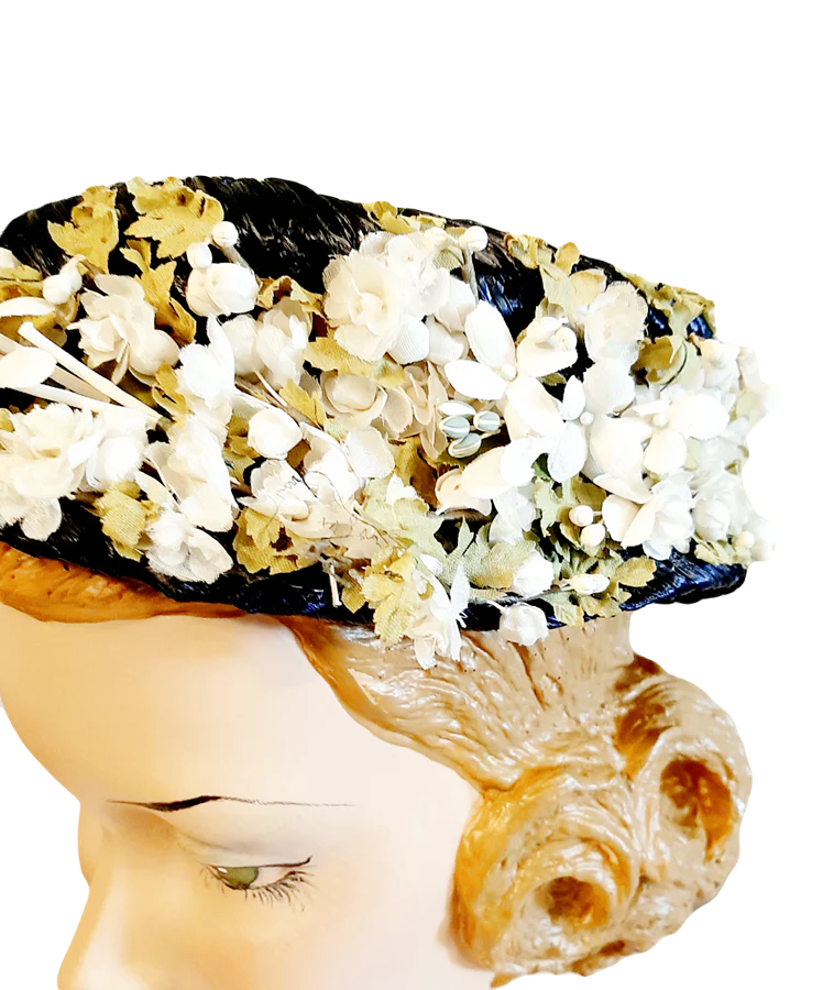 50s Navy Straw Hat With Flowers And A Velvet Bow By Christine - Image 4