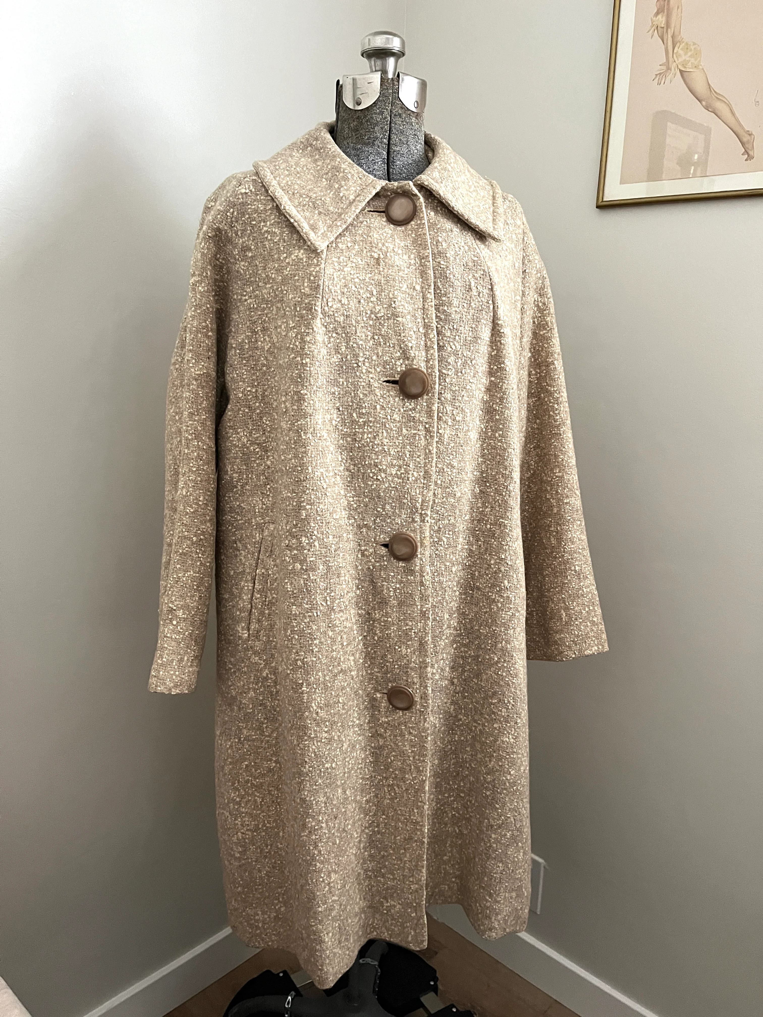 50s Oatmeal Wool Swing Coat With Pockets Arrow Detail By Jane Hunter - Image 4