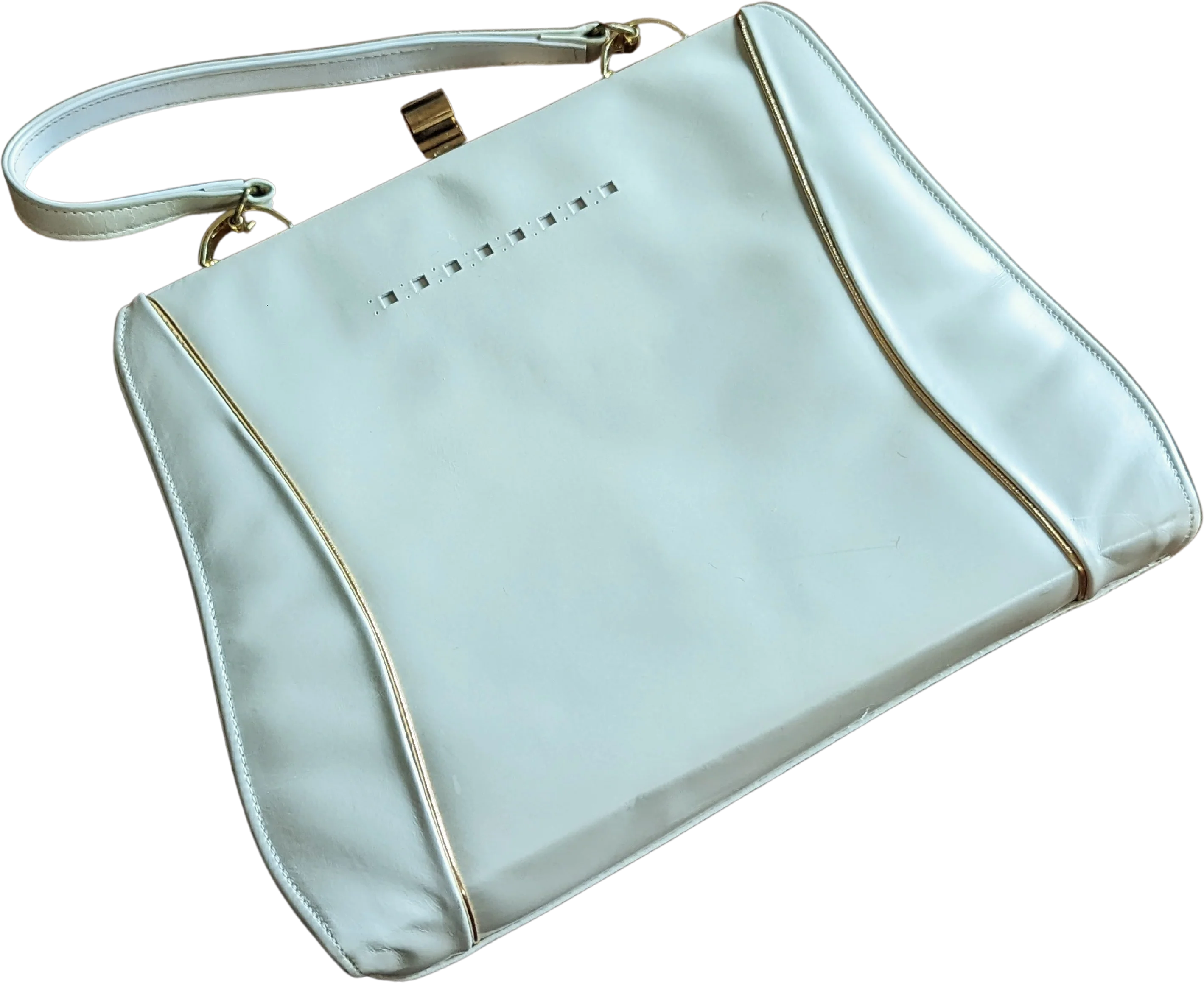 50s Off White Leather Hand Bag with Gold Closure and Matching Coin Purse by Lewis Designs