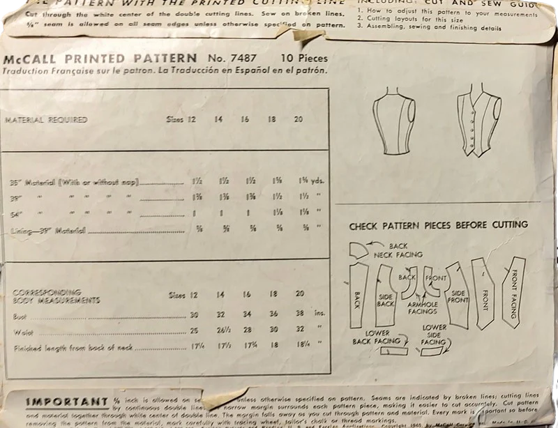 50s Original Vintage Fitted Tailored Vest Pattern B 32 By Mccalls - Image 2
