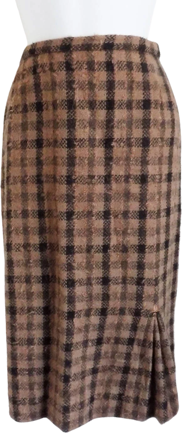 50s Pencil Skirt Wiggle Skirt Mohair Nubby Plaid Check Brown M by Evan Picone