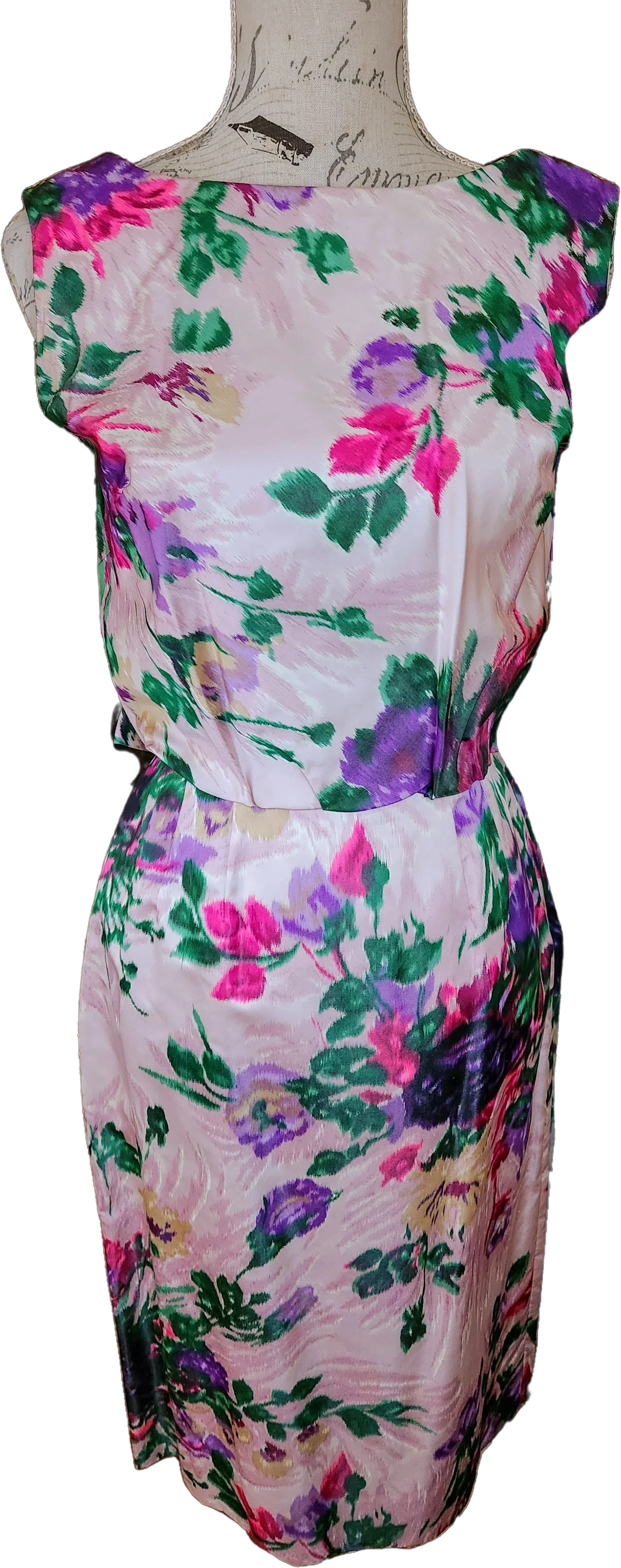 50s Pink And Purple Floral Satin Wiggle Dress With Bow