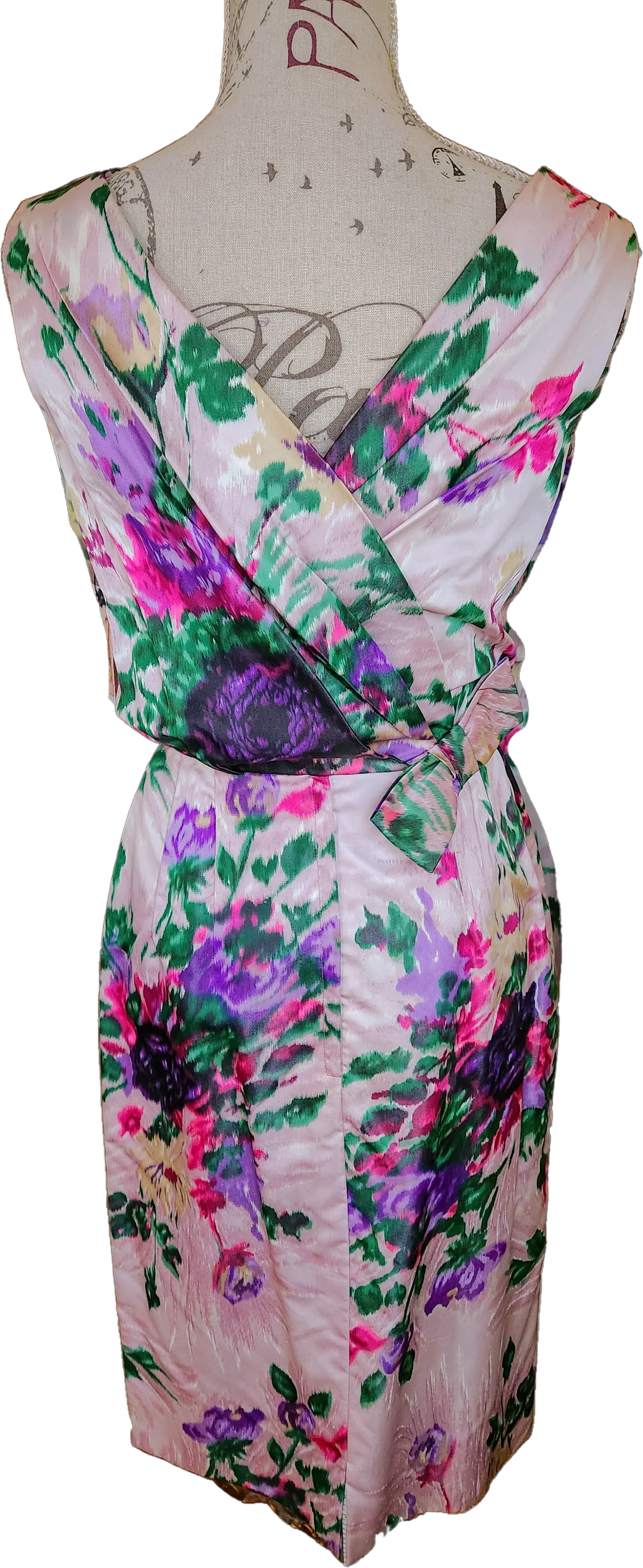 50s Pink And Purple Floral Satin Wiggle Dress With Bow - Image 2