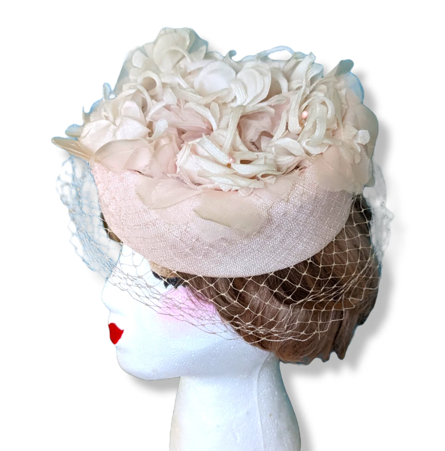 50s Pink Flower Pillbox Hat with Pearl Accents and Netting Veil - Image 3