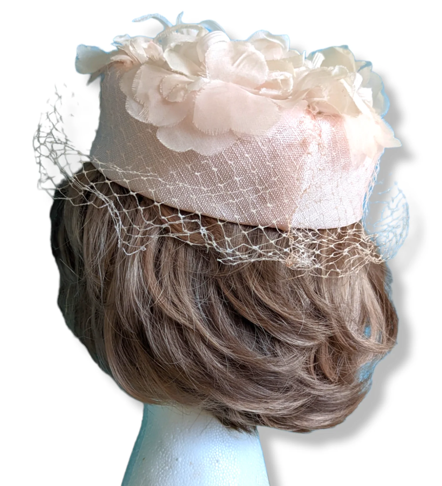 50s Pink Flower Pillbox Hat with Pearl Accents and Netting Veil - Image 4