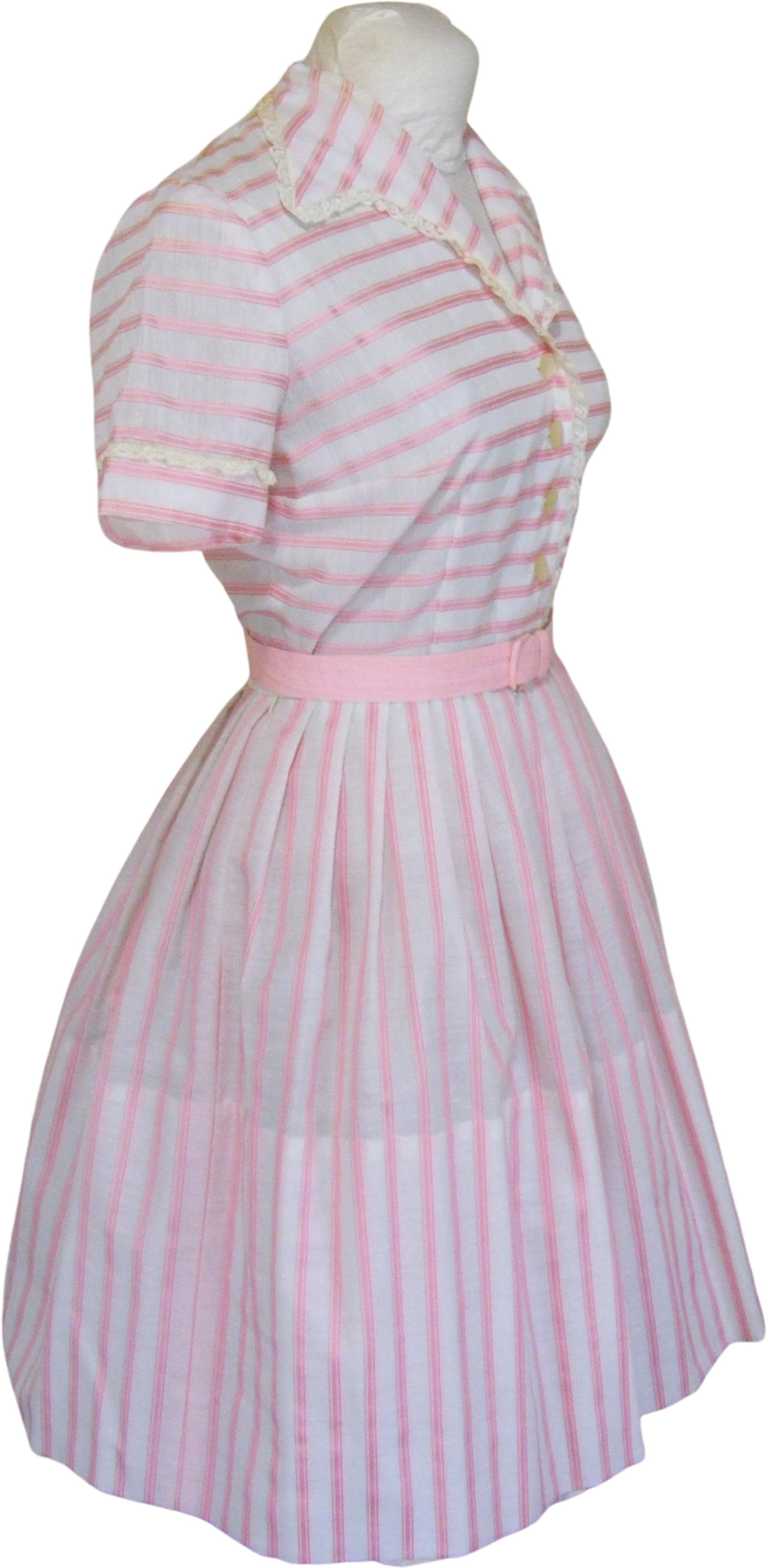 50s Pink White Stripe Cinched Waist Pleated Skirt - Image 2