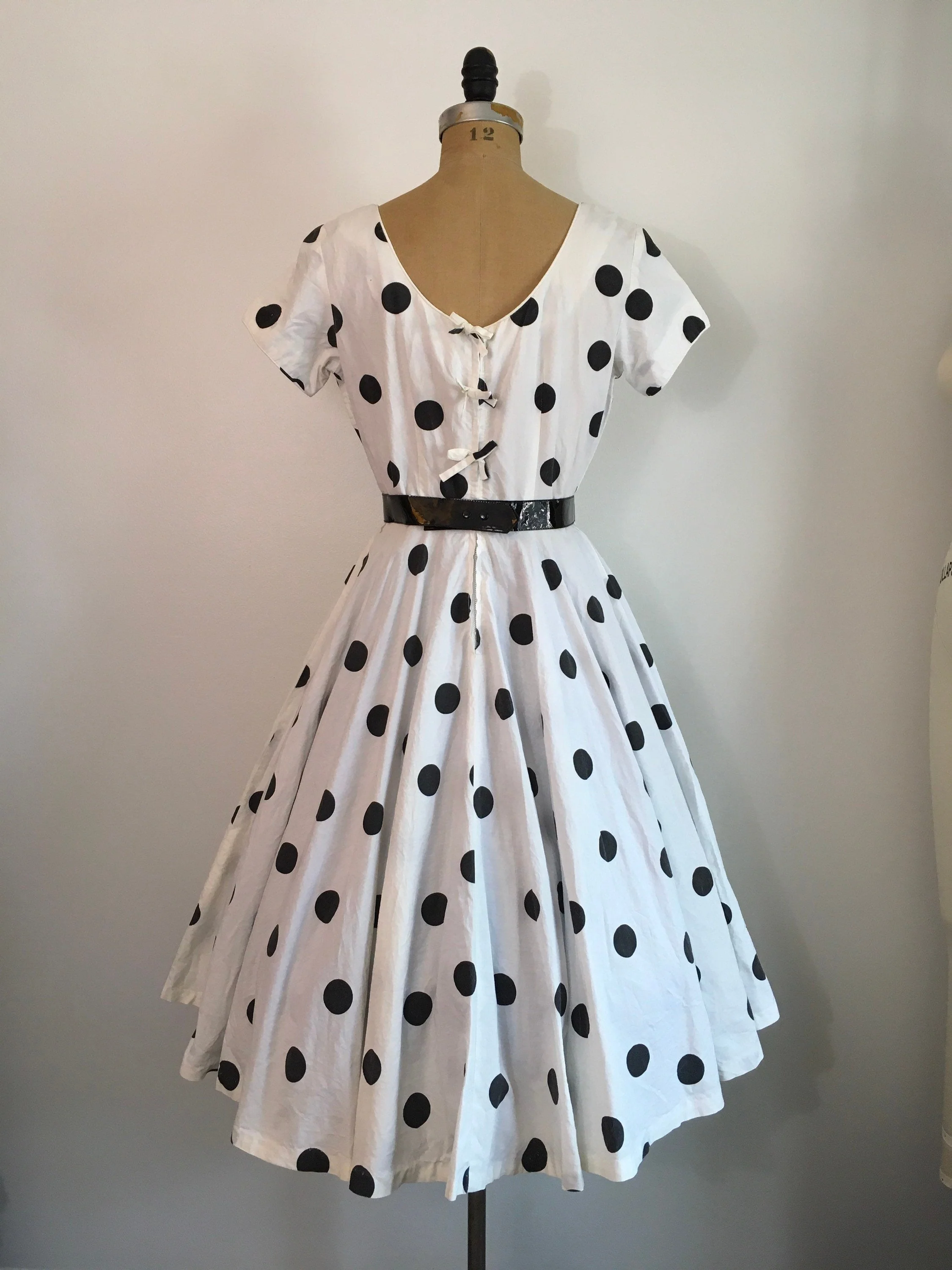 50's Polka Dot Print Black And White Circle Skirt Dress - Image 2