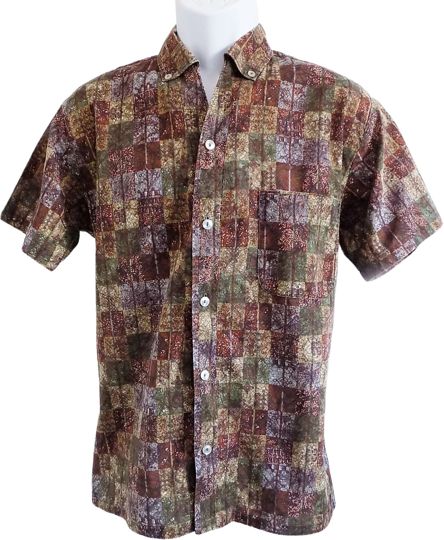 50s Print (fake Batik) Cotton Short Sleeved Shirt Button Down Collar Da Vinci of California Atomic Summer Made In The Usa