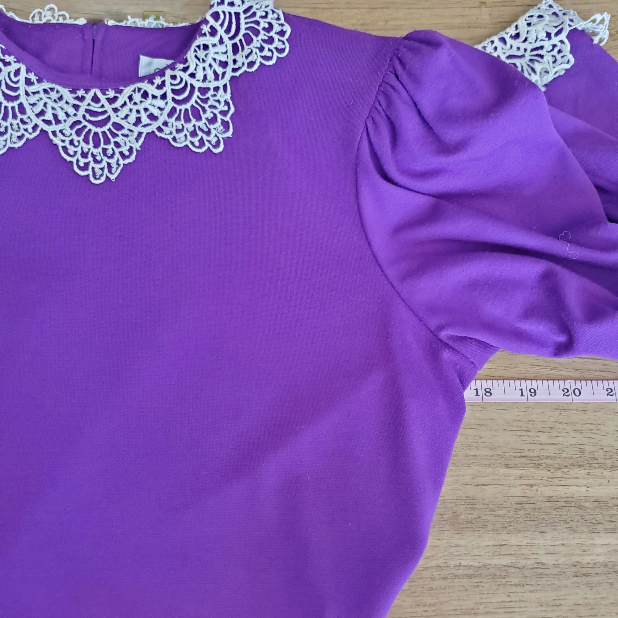 50s Purple Lace Trim Long Sleeve Fit Flare Dress By Sabino - Image 6