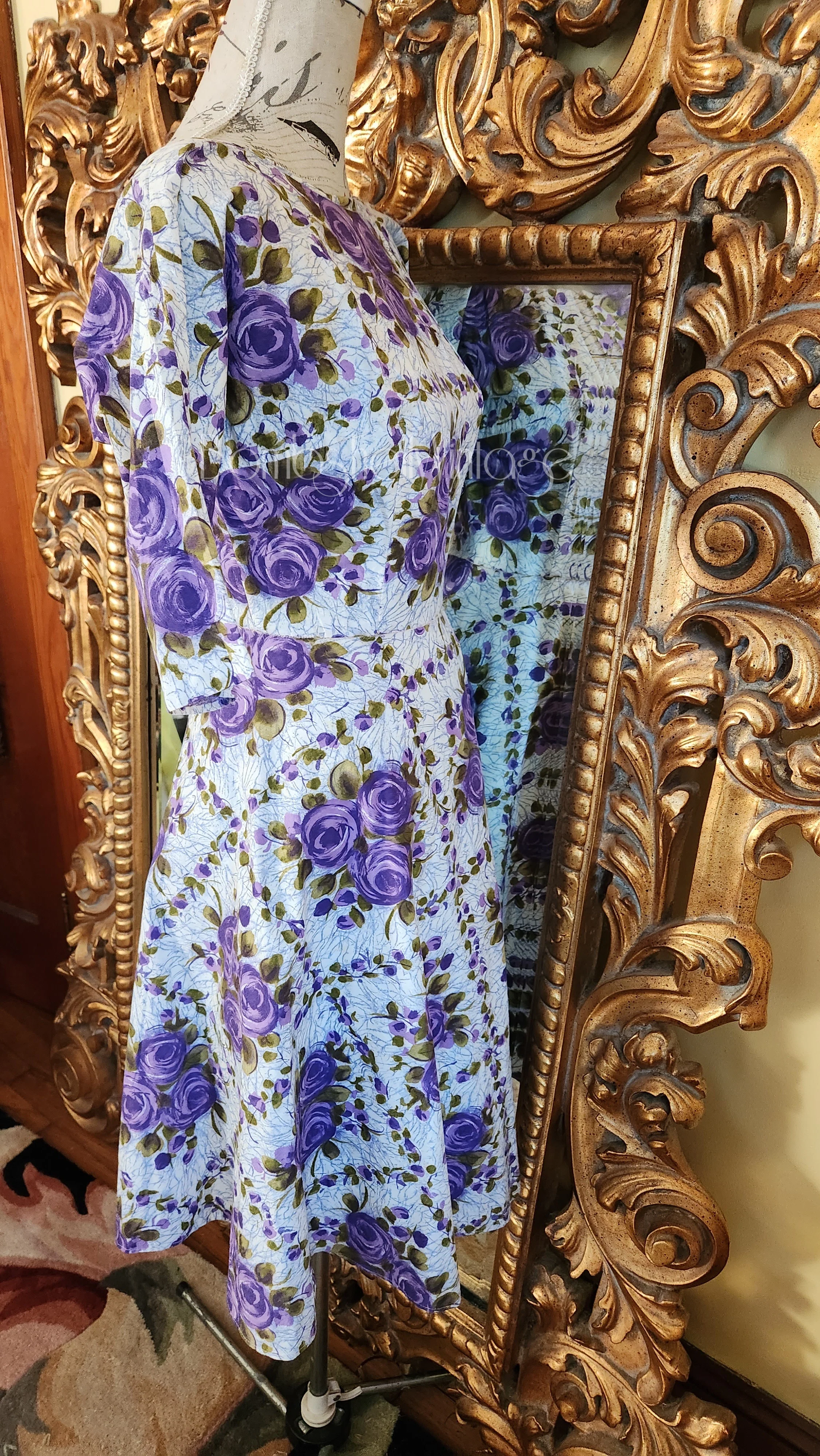 50s Purple Rose Print Cotton Fit And Flare Dress - Image 4