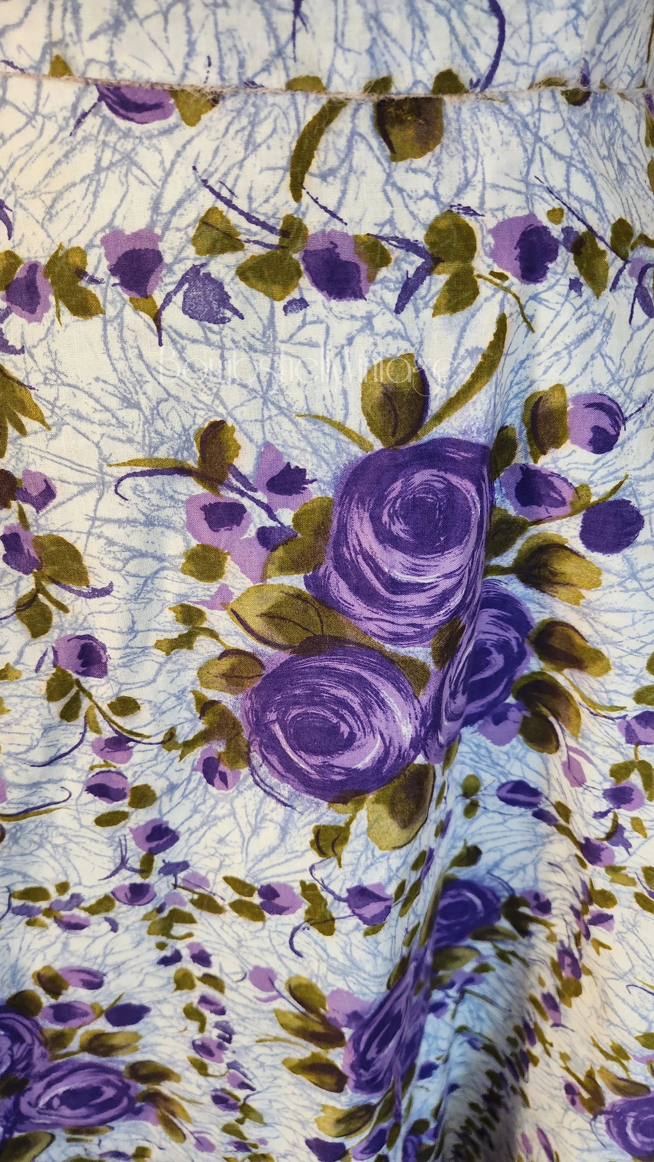 50s Purple Rose Print Cotton Fit And Flare Dress - Image 7