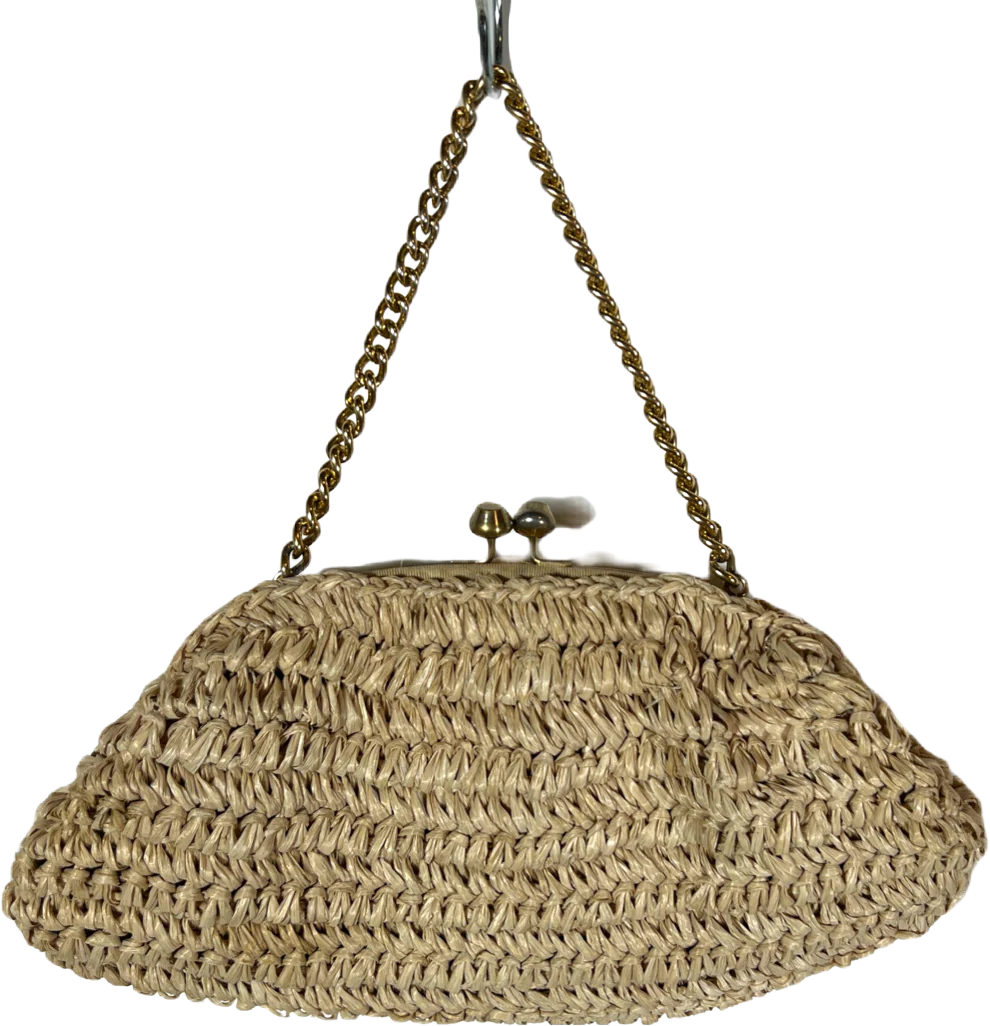 50s Raffia Purse Kiss Clasp With Chain Handle Italy By Jana