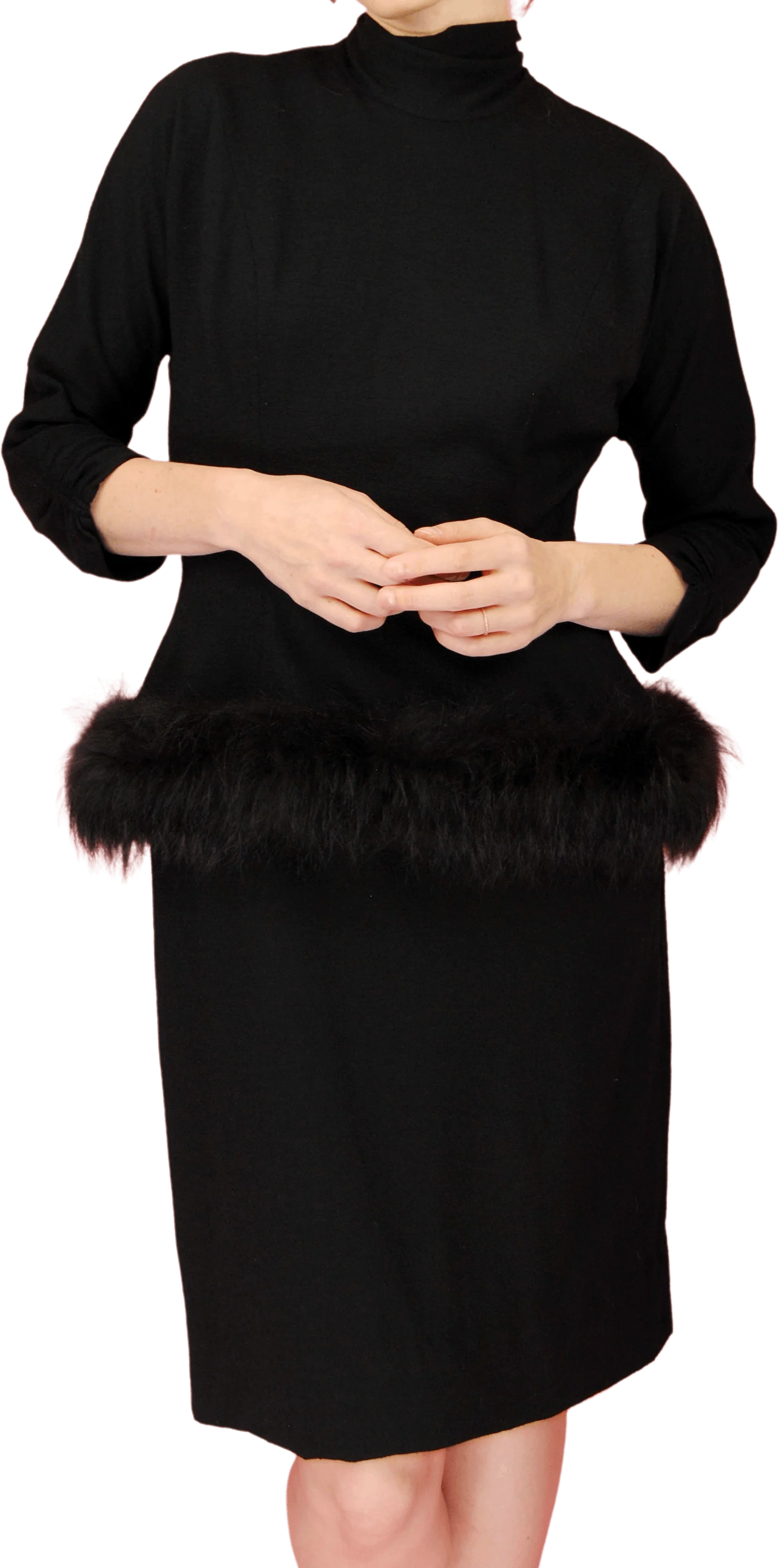 50s Rare Black Fur Peplum Wool Dress By Lilli Diamond