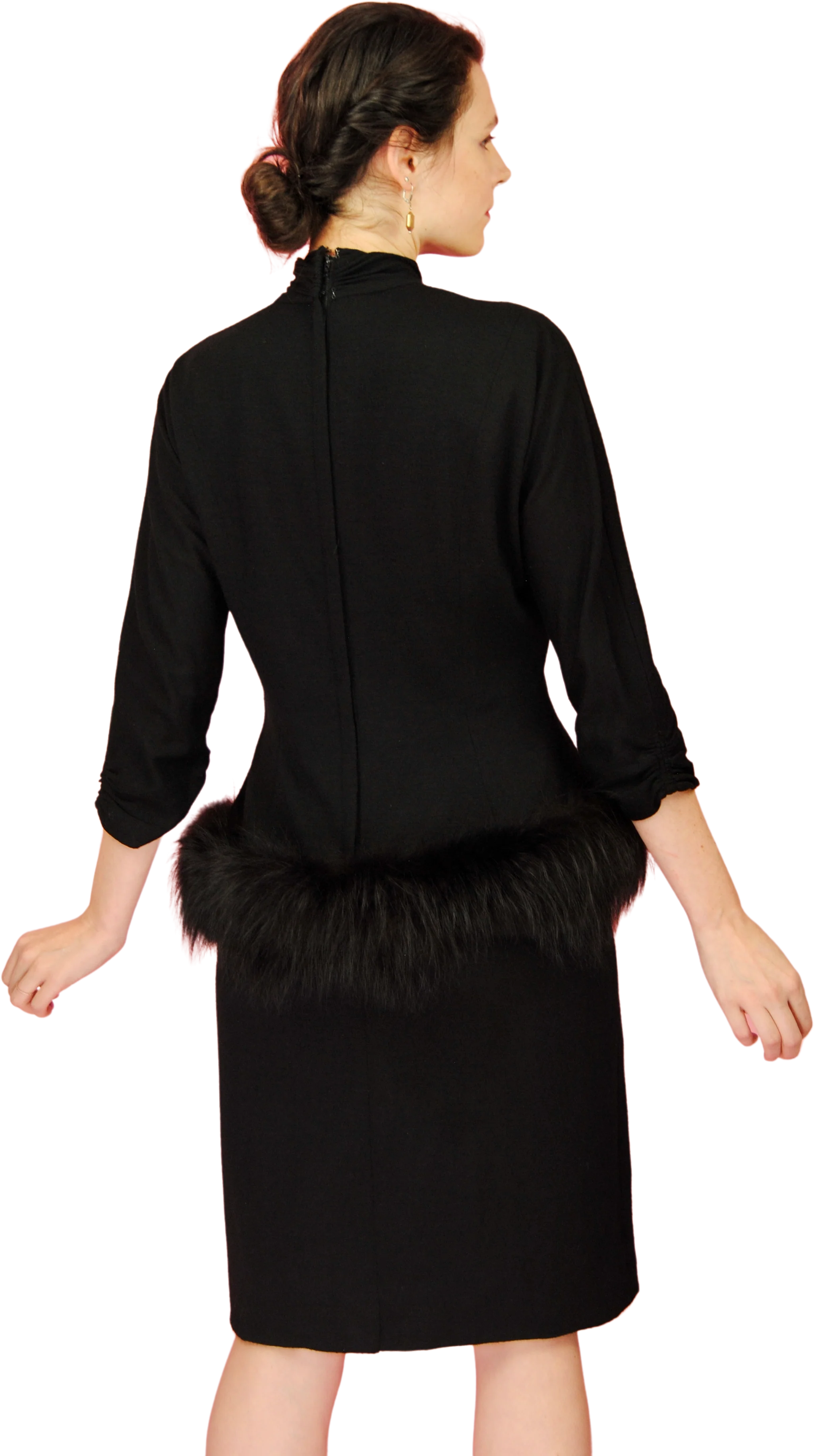 50s Rare Black Fur Peplum Wool Dress By Lilli Diamond - Image 2