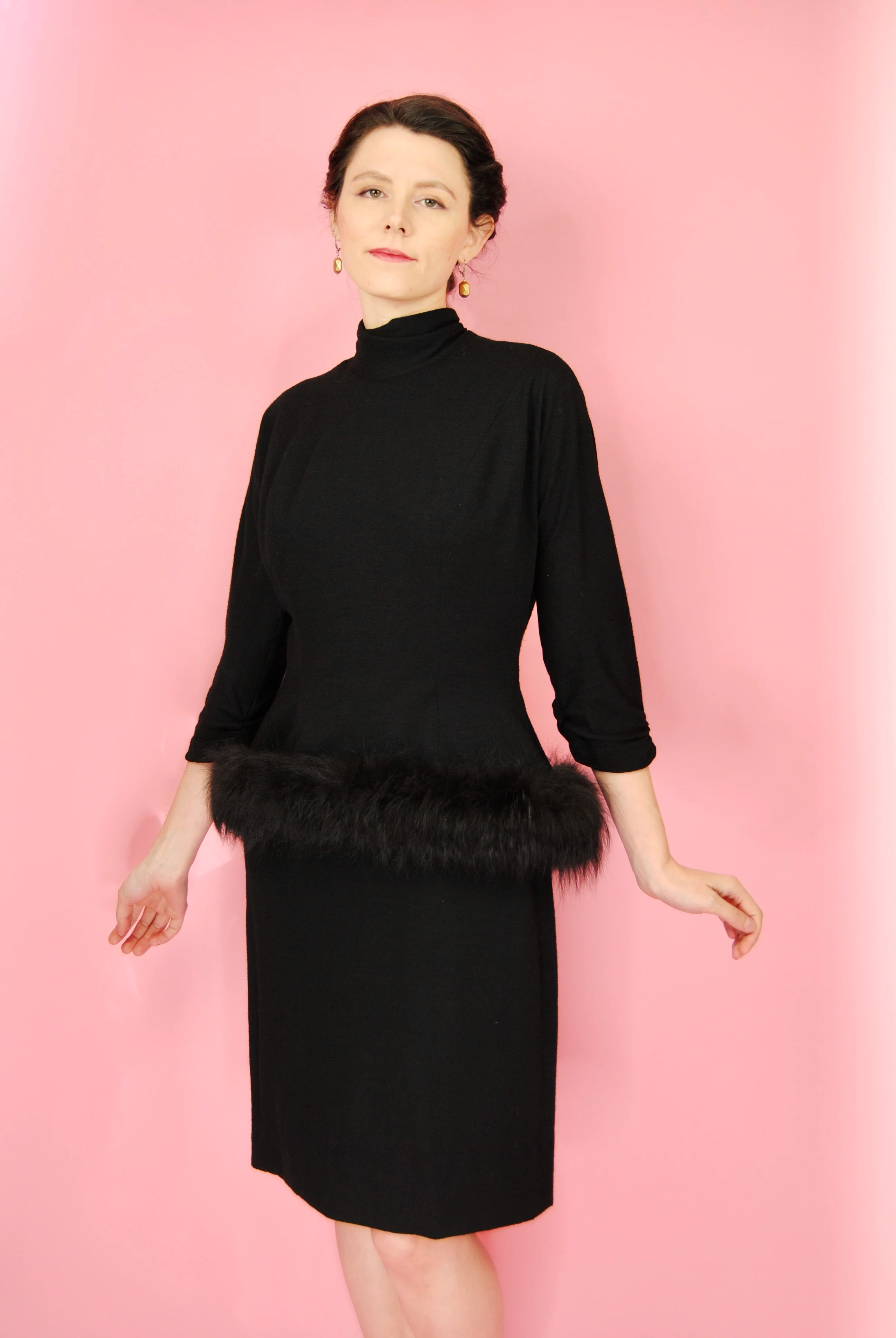 50s Rare Black Fur Peplum Wool Dress By Lilli Diamond - Image 5