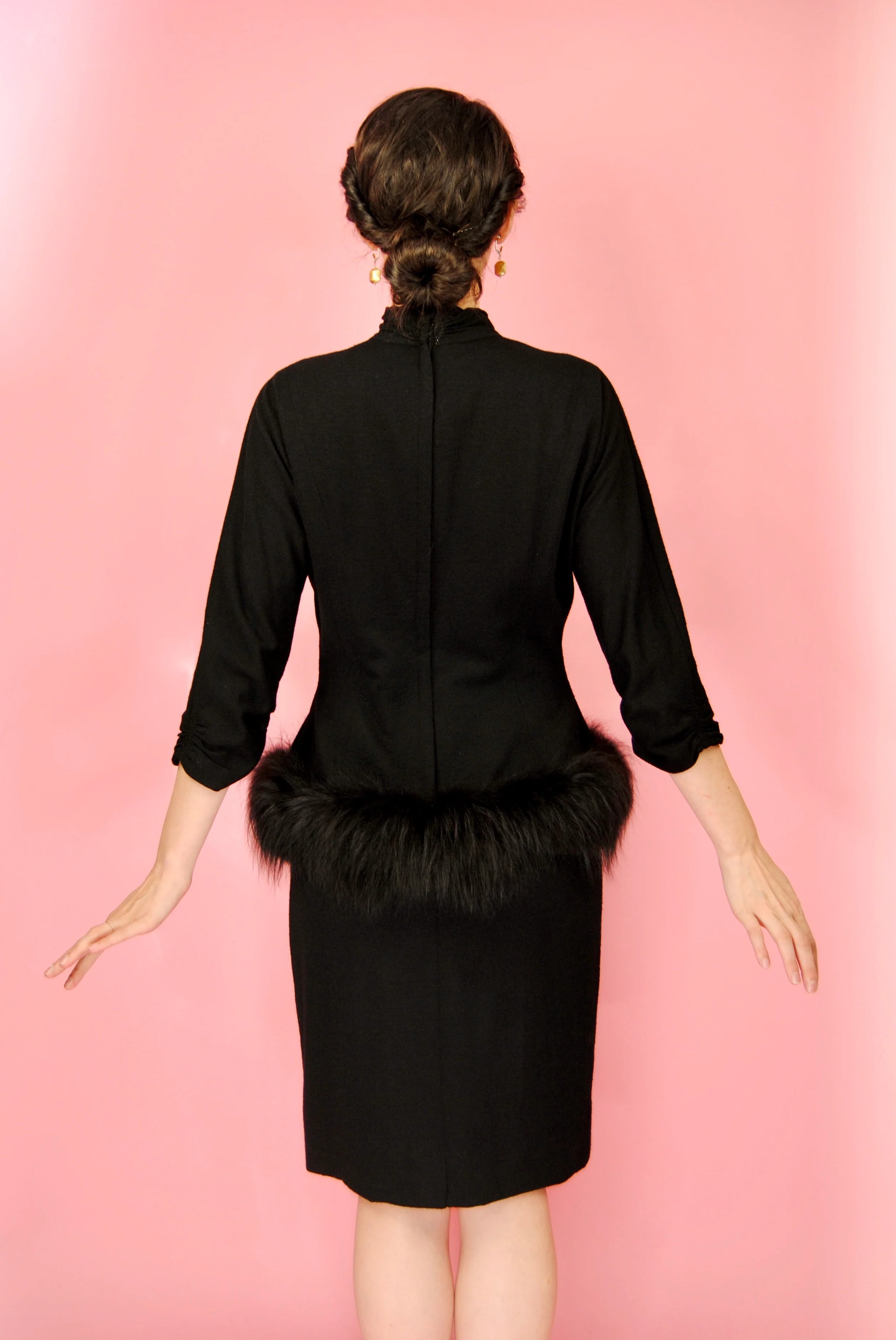50s Rare Black Fur Peplum Wool Dress By Lilli Diamond - Image 7