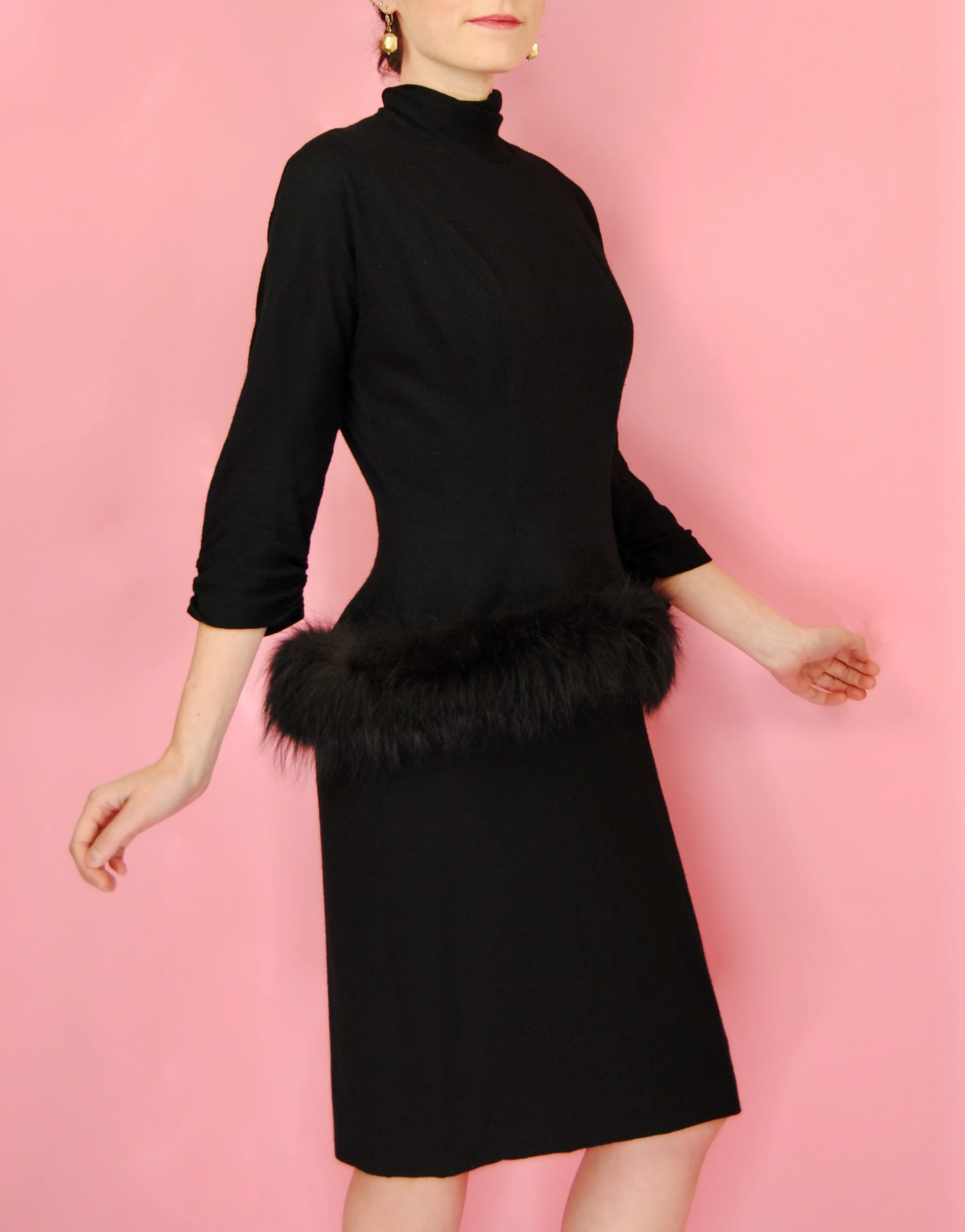 50s Rare Black Fur Peplum Wool Dress By Lilli Diamond - Image 8