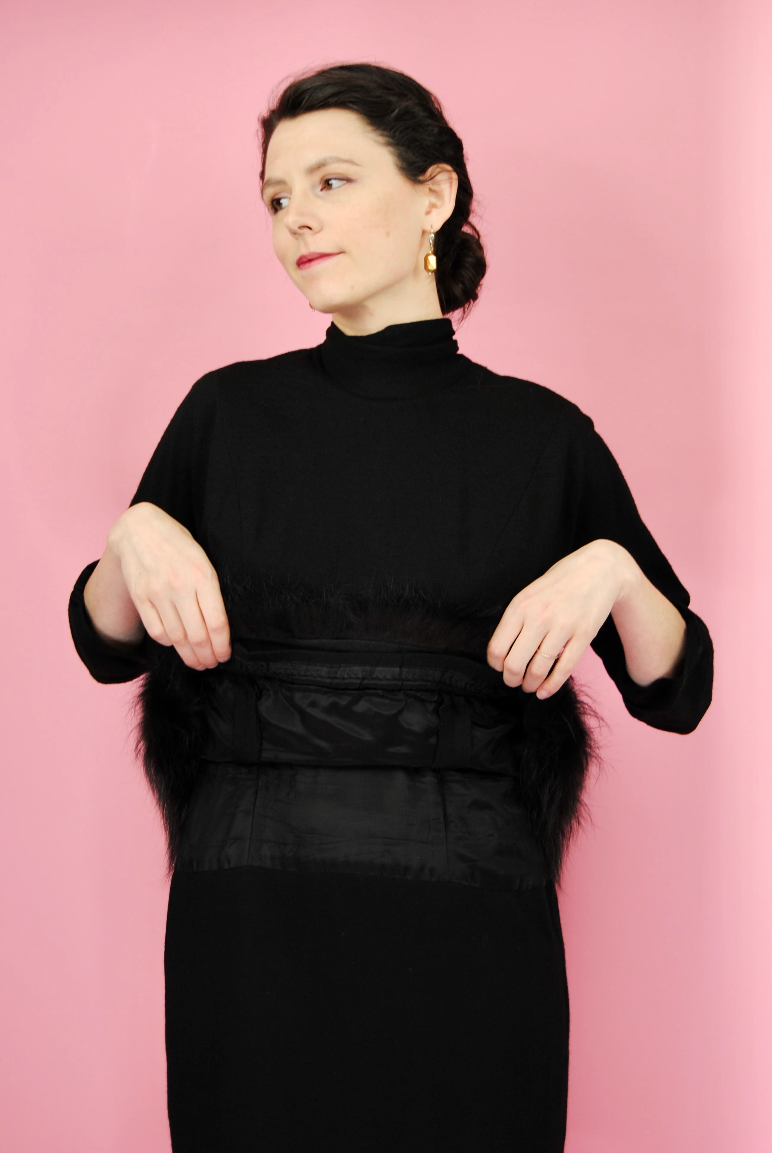 50s Rare Black Fur Peplum Wool Dress By Lilli Diamond - Image 9
