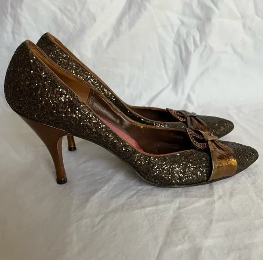 50s Rare Brown Sequin Foil Heels 8.5 A By Schiaparelli - Image 6