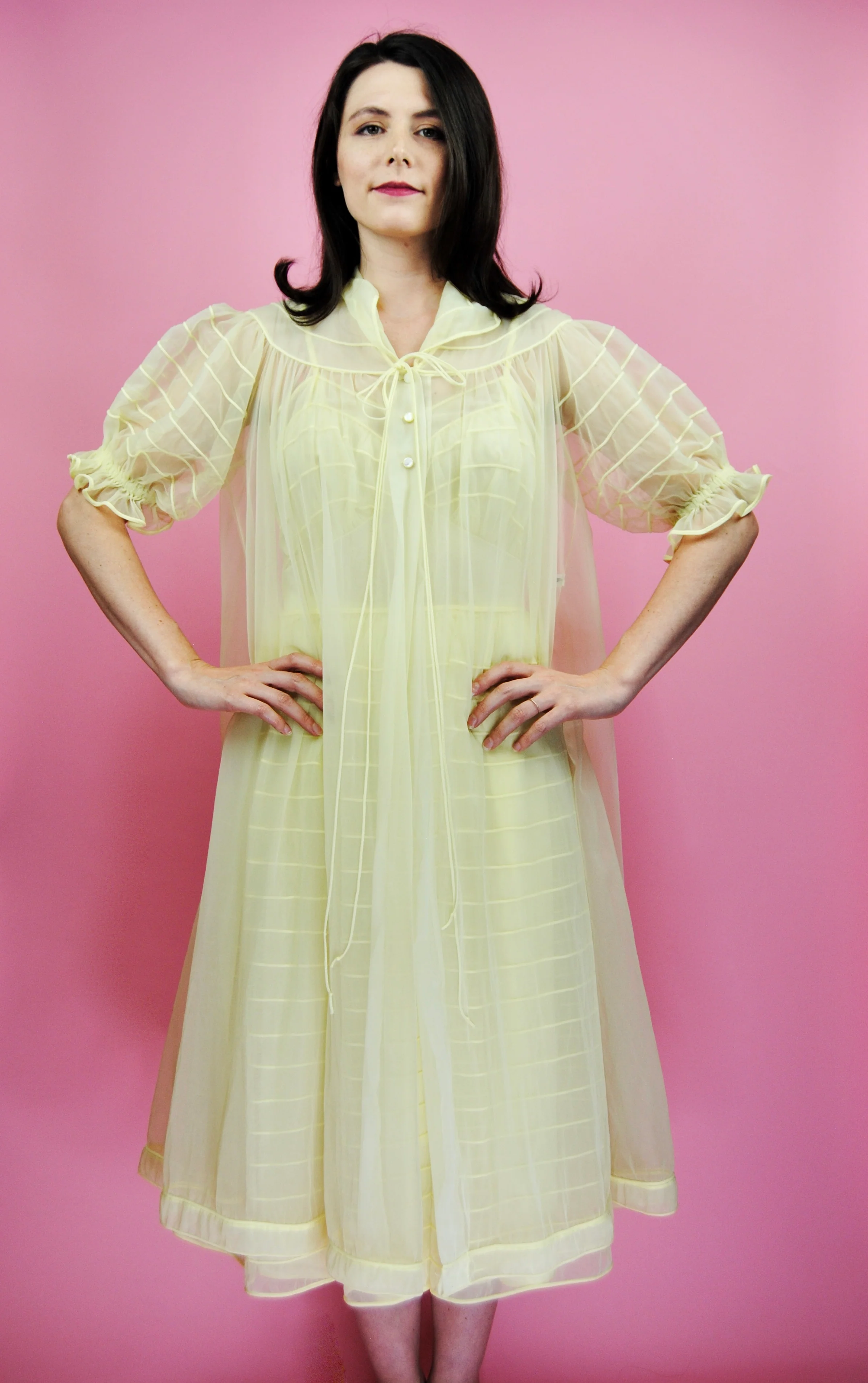50s Rare Pale Yellow Night Gown Peignoir Set By Shadowline - Image 3