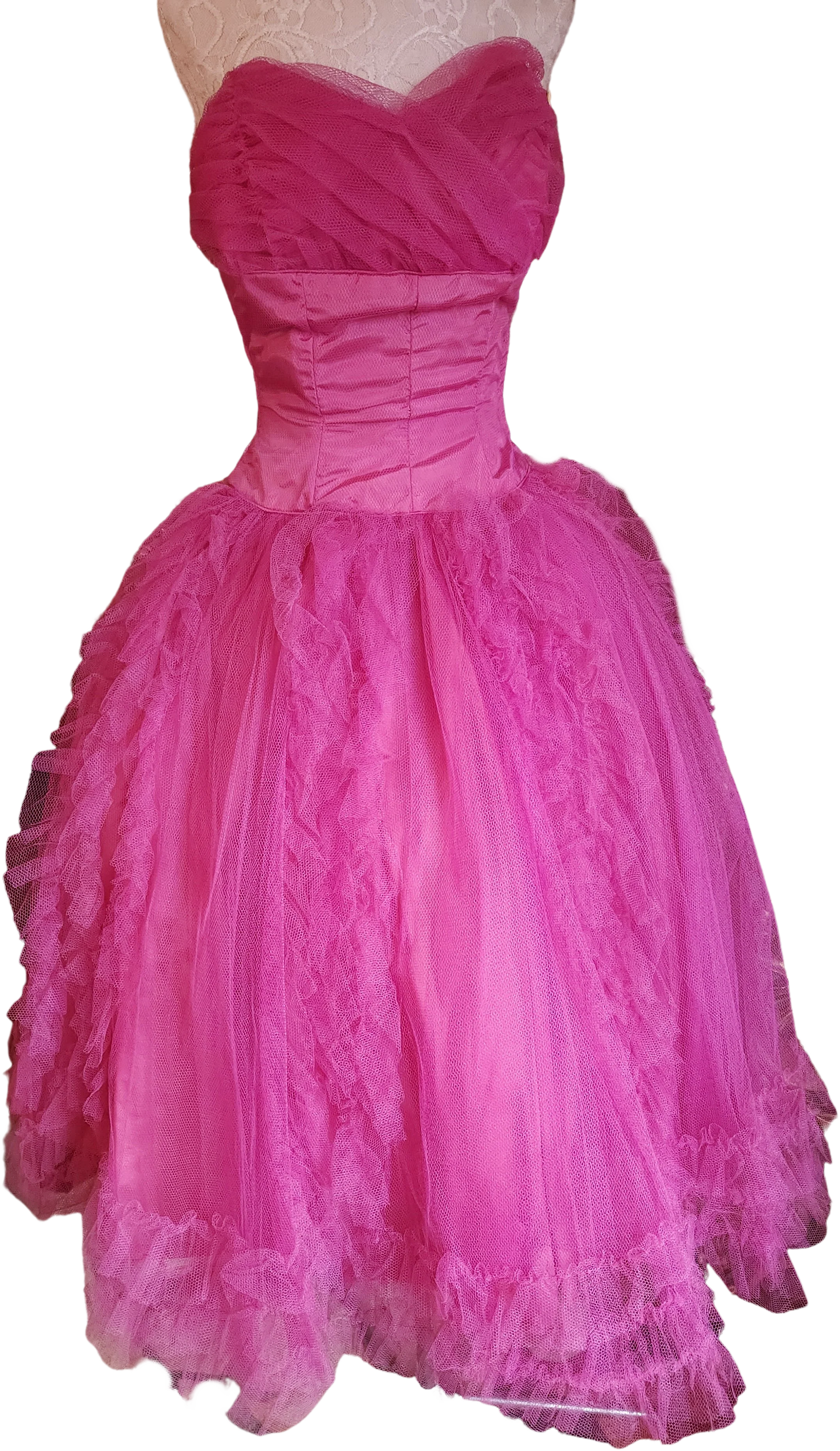 50s Raspberry Pink Tulle Strapless Party Dress By Cloyes
