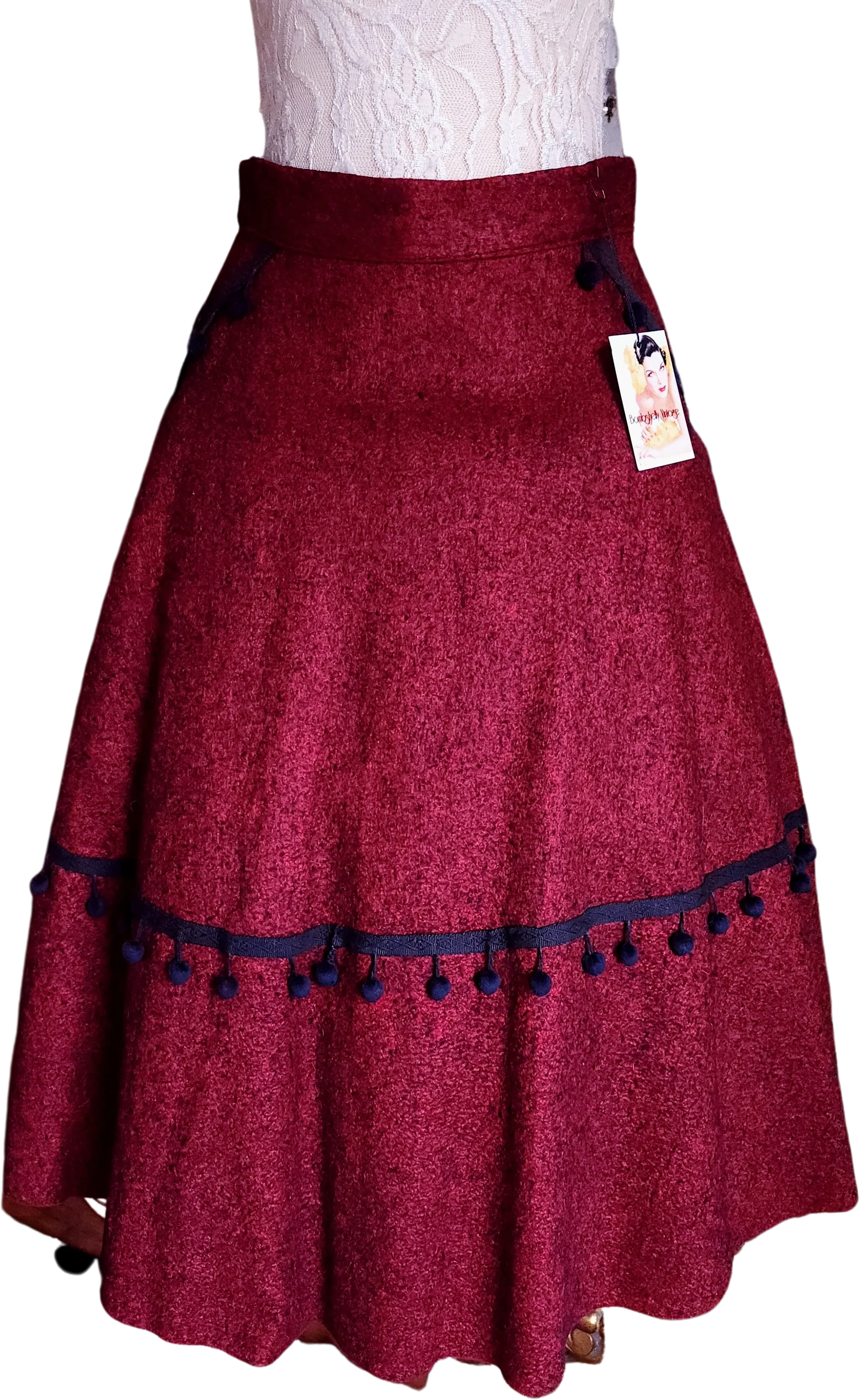 50s Red And Black Felt Spanish Style Pom Pom Skirt