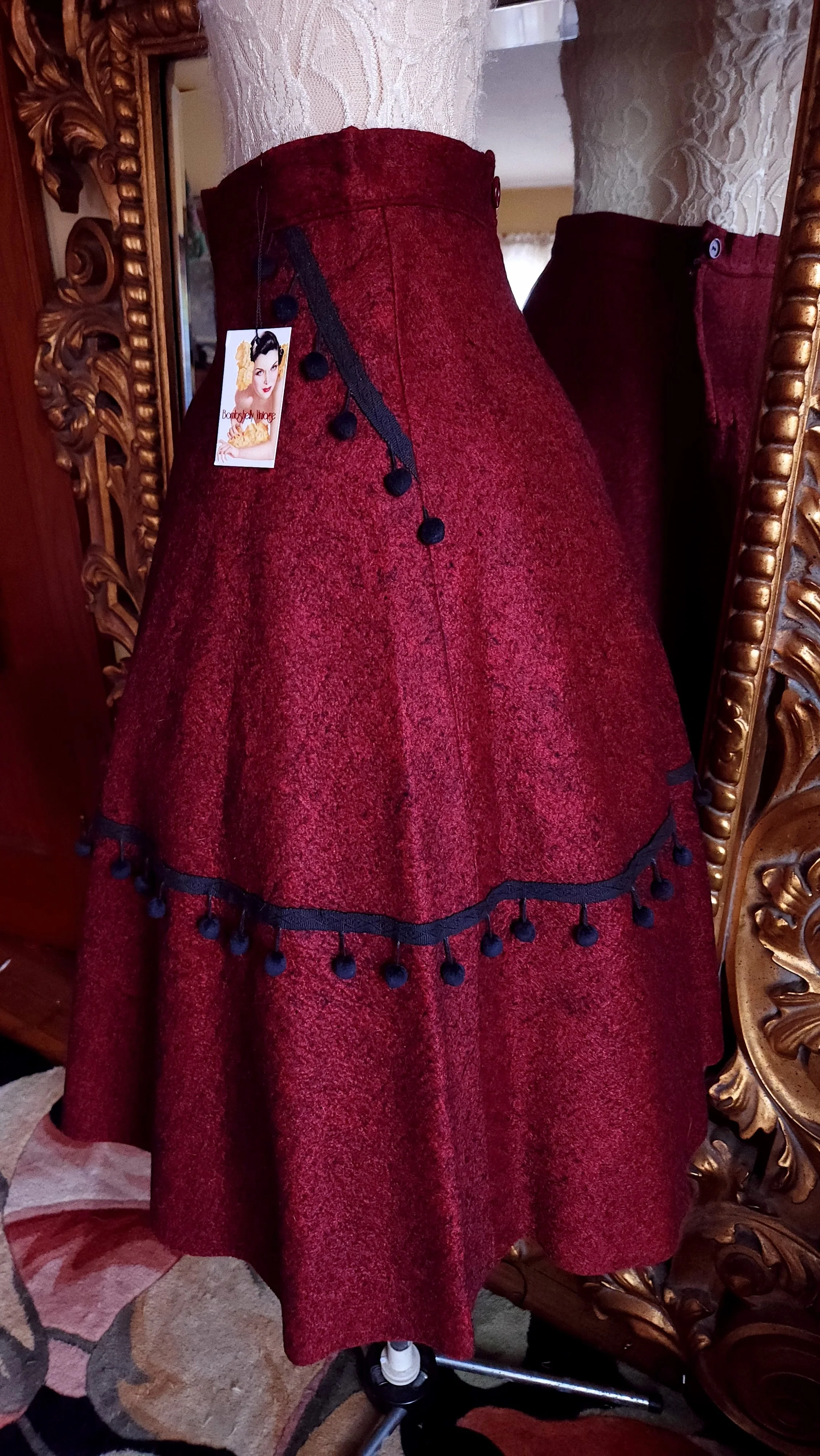 50s Red And Black Felt Spanish Style Pom Pom Skirt - Image 4