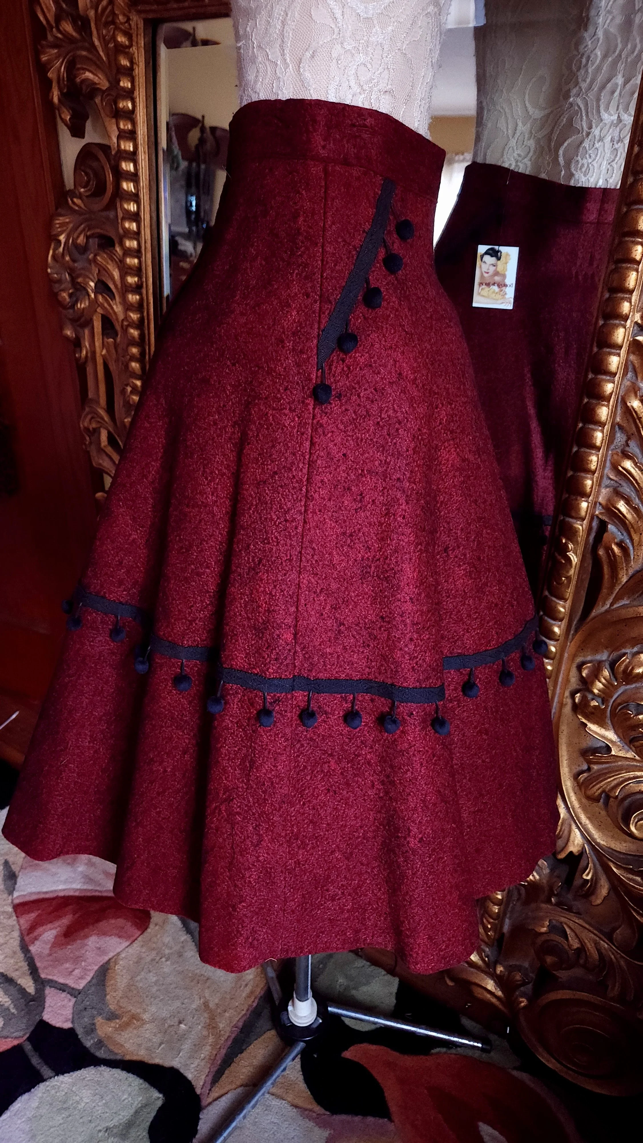 50s Red And Black Felt Spanish Style Pom Pom Skirt - Image 5