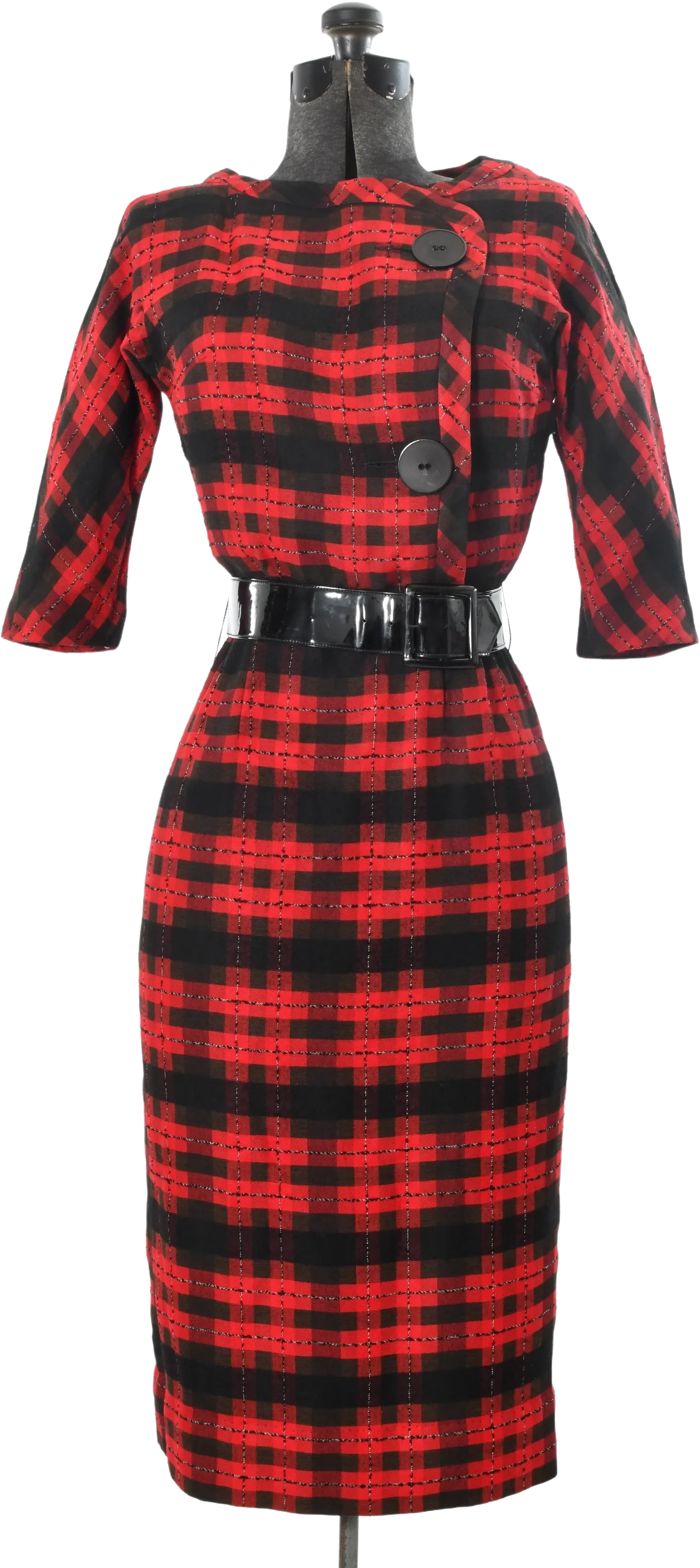 50s Red Black Plaid Pinup Cinch Waist Wiggle Dress By Natlynn Talls New York