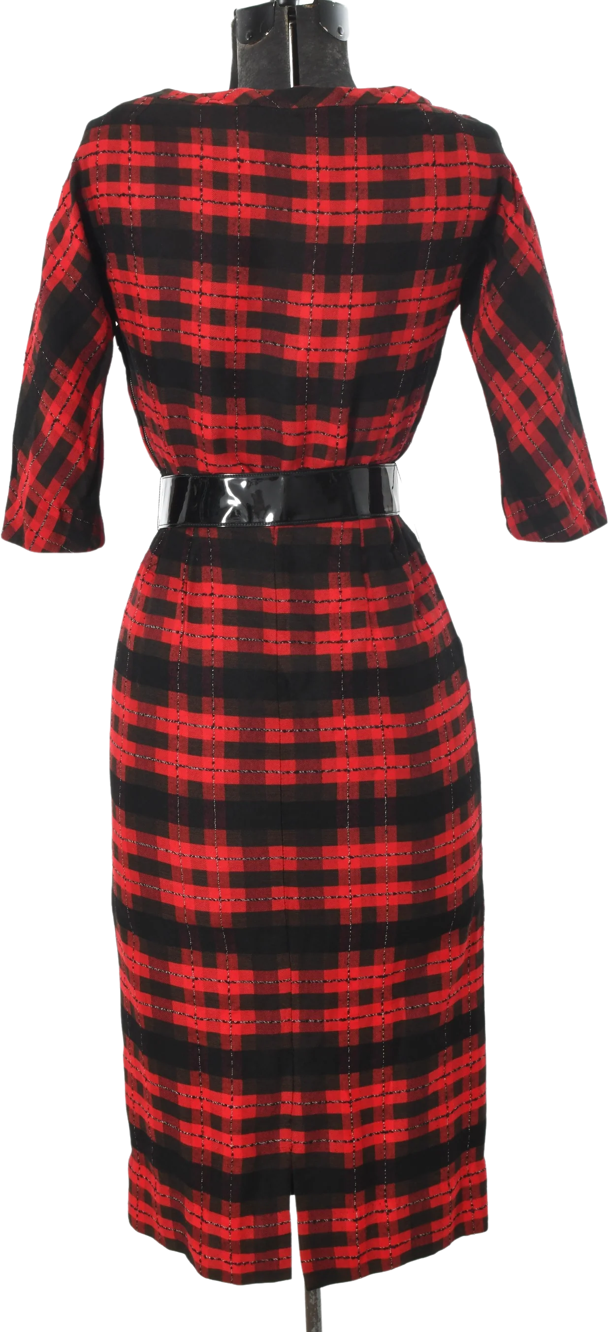 50s Red Black Plaid Pinup Cinch Waist Wiggle Dress By Natlynn Talls New York - Image 2