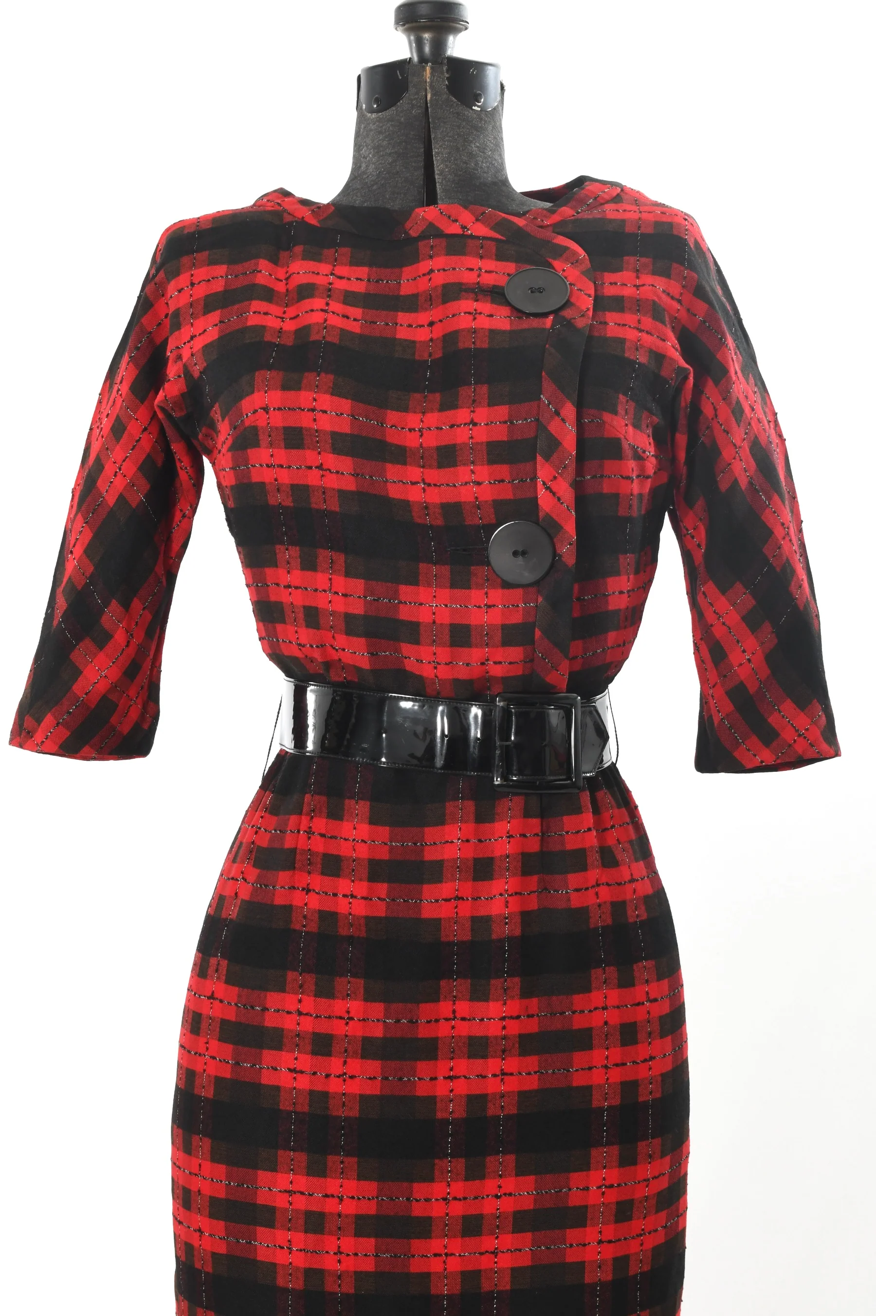 50s Red Black Plaid Pinup Cinch Waist Wiggle Dress By Natlynn Talls New York - Image 3