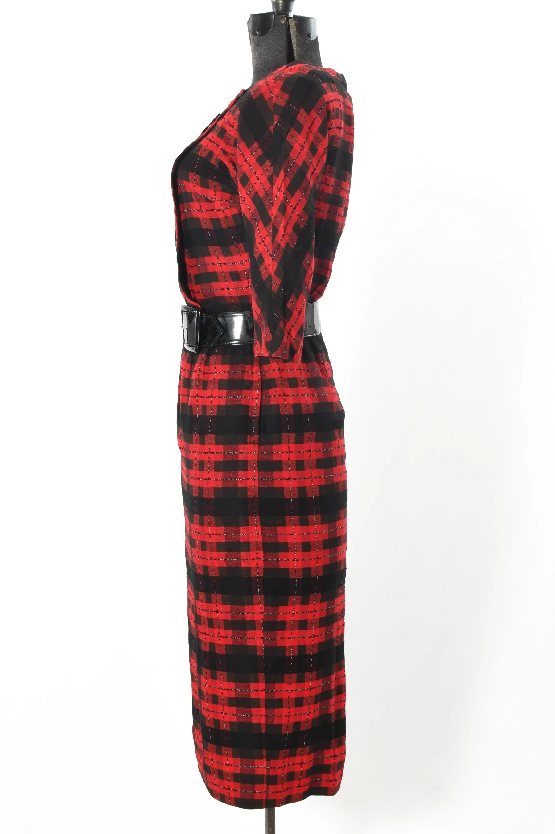 50s Red Black Plaid Pinup Cinch Waist Wiggle Dress By Natlynn Talls New York - Image 5