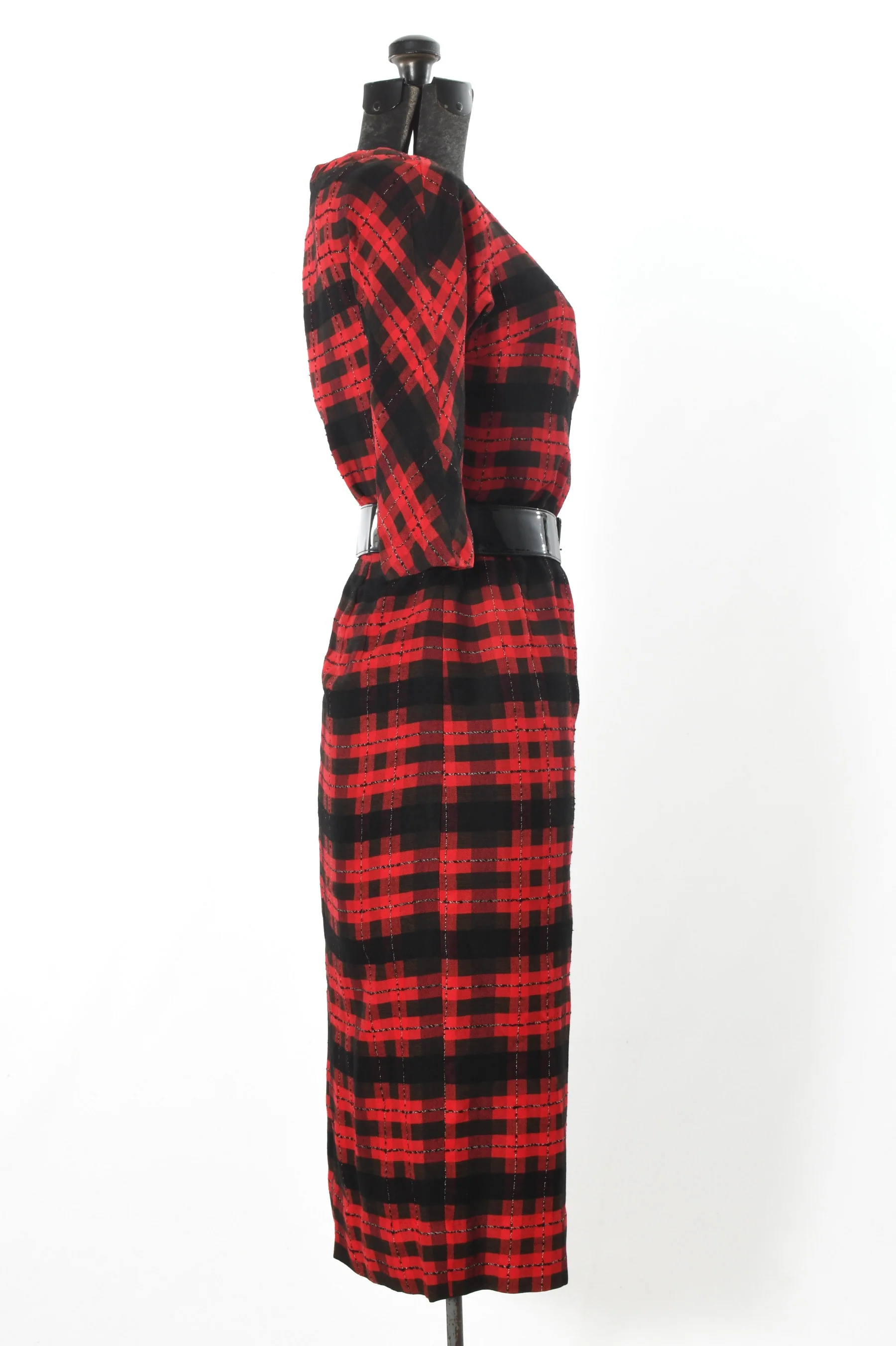 50s Red Black Plaid Pinup Cinch Waist Wiggle Dress By Natlynn Talls New York - Image 6