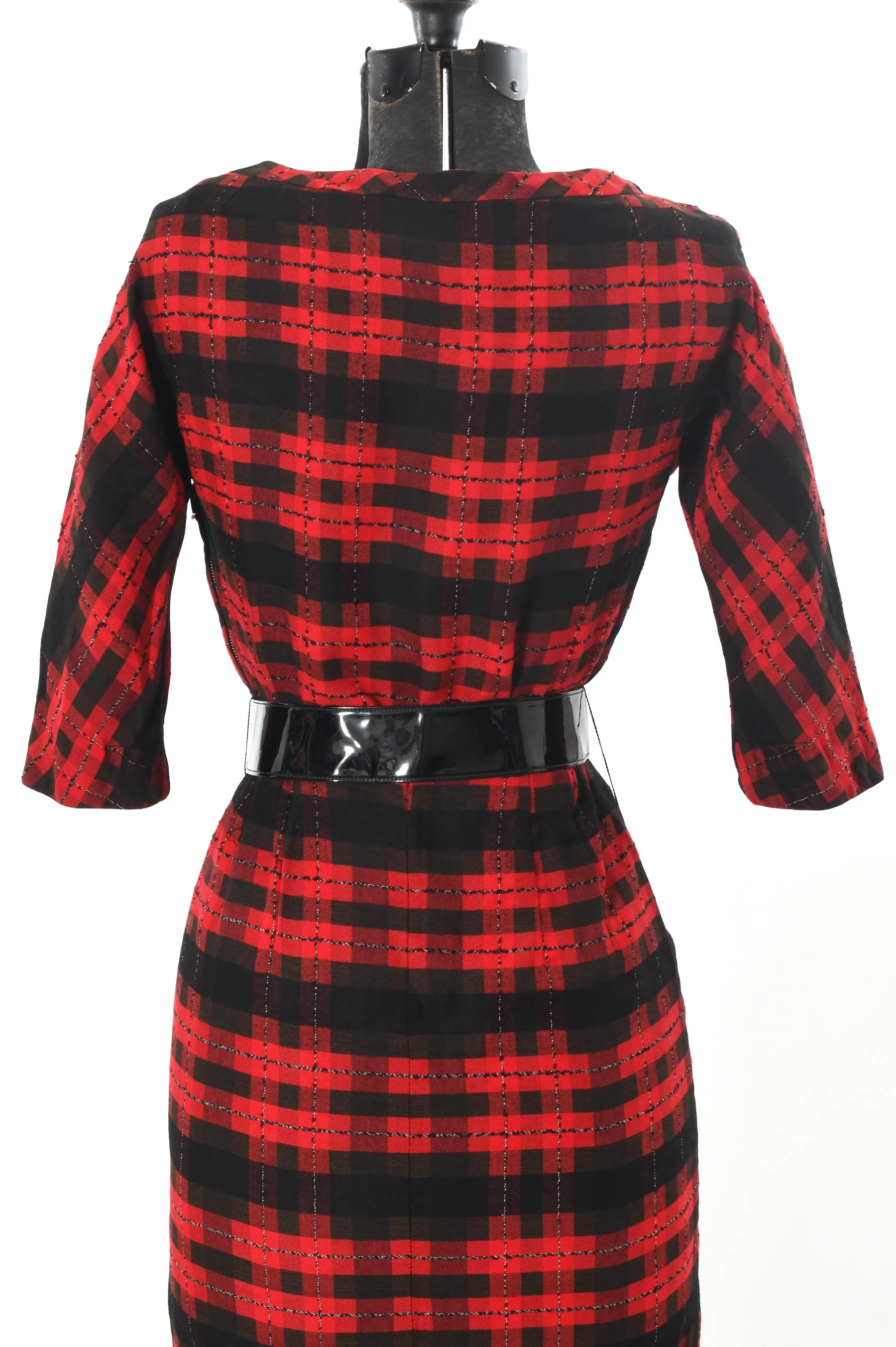50s Red Black Plaid Pinup Cinch Waist Wiggle Dress By Natlynn Talls New York - Image 7