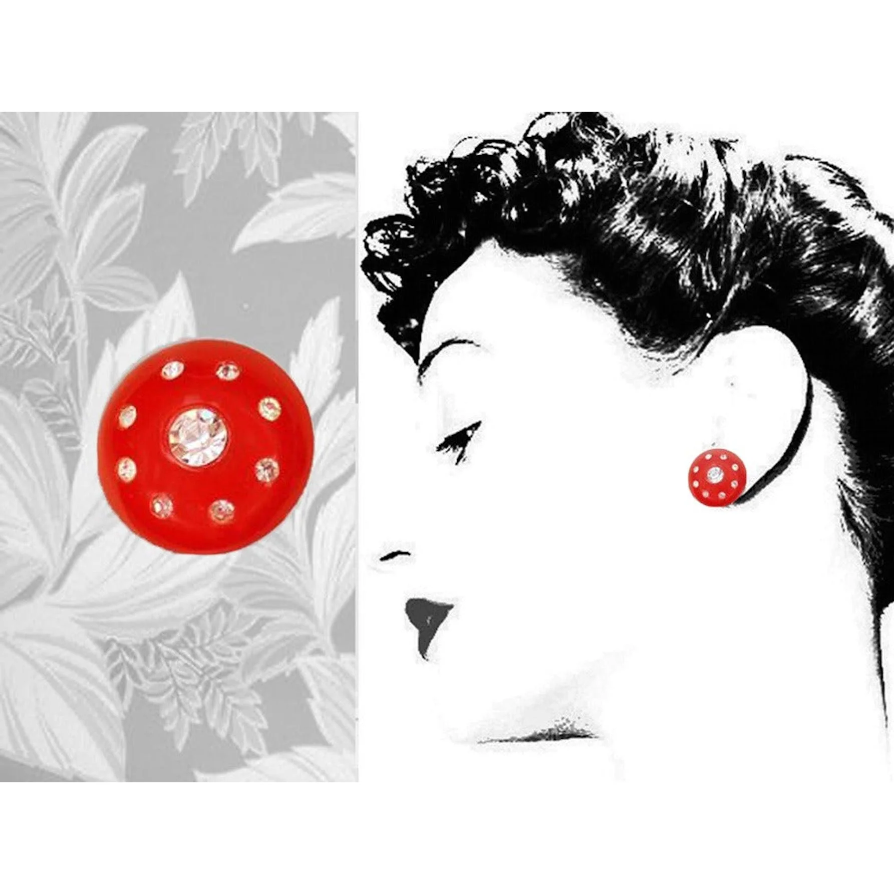 50s Red Clip On Earrings With Rhinestones Holidays? - Image 3