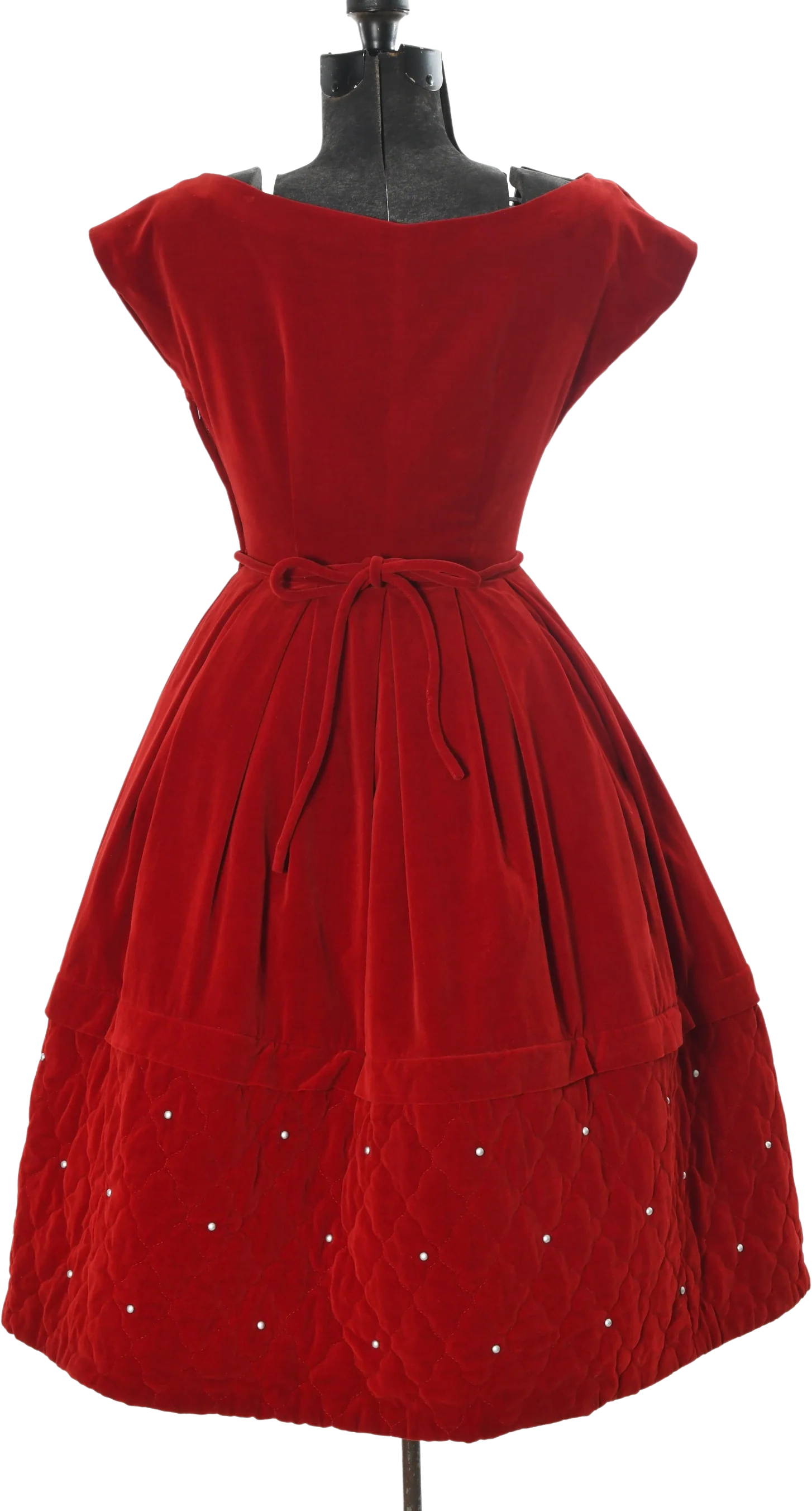50s Red Velvet Quilted Quilted Full Skirt Party Dress - Image 2