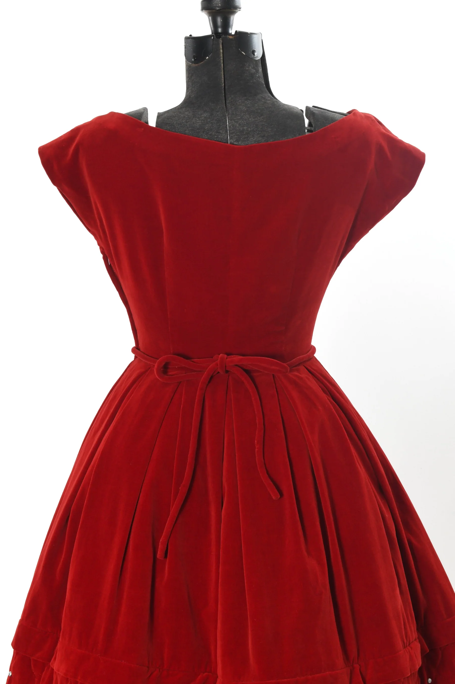 50s Red Velvet Quilted Quilted Full Skirt Party Dress - Image 8