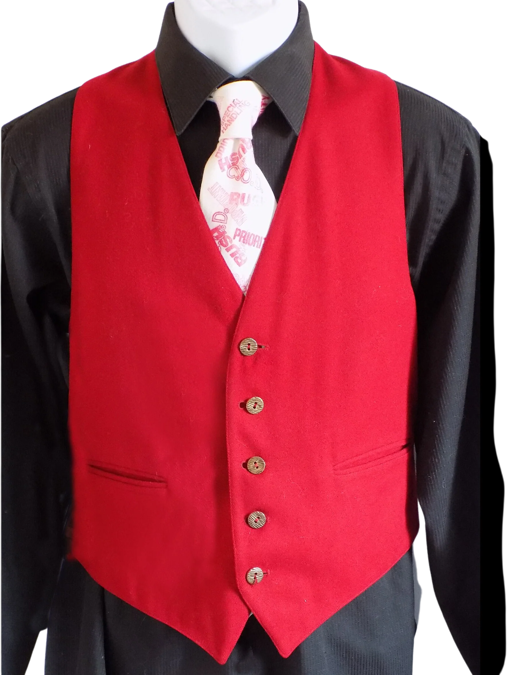 50s Red Wool Rockabilly Vest Waistcoat Stamp Themed Lining and Back Side Adjustments Original Textured Buttons 2 Pockets Marman