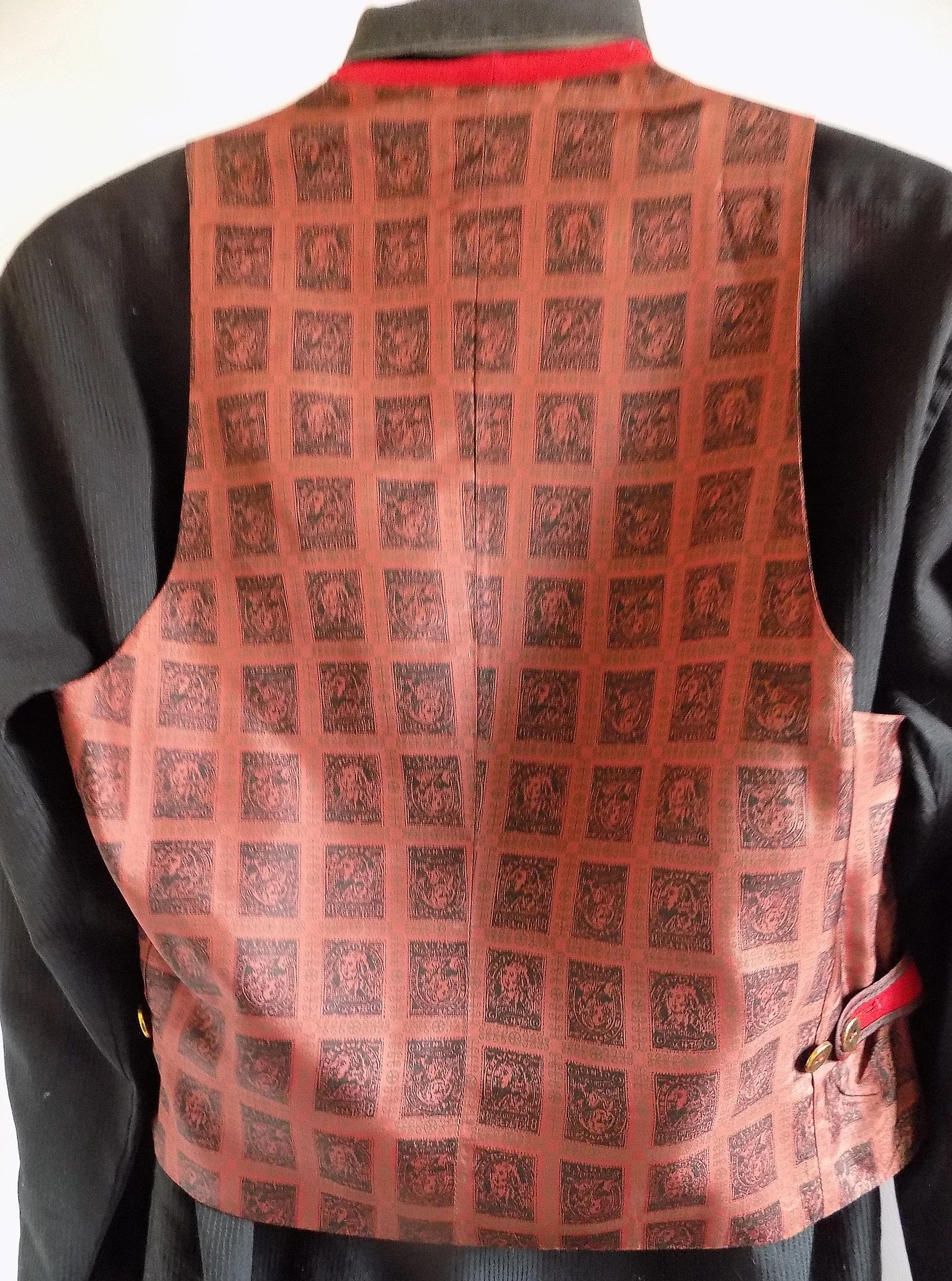 50s Red Wool Rockabilly Vest Waistcoat Stamp Themed Lining and Back Side Adjustments Original Textured Buttons 2 Pockets Marman - Image 2