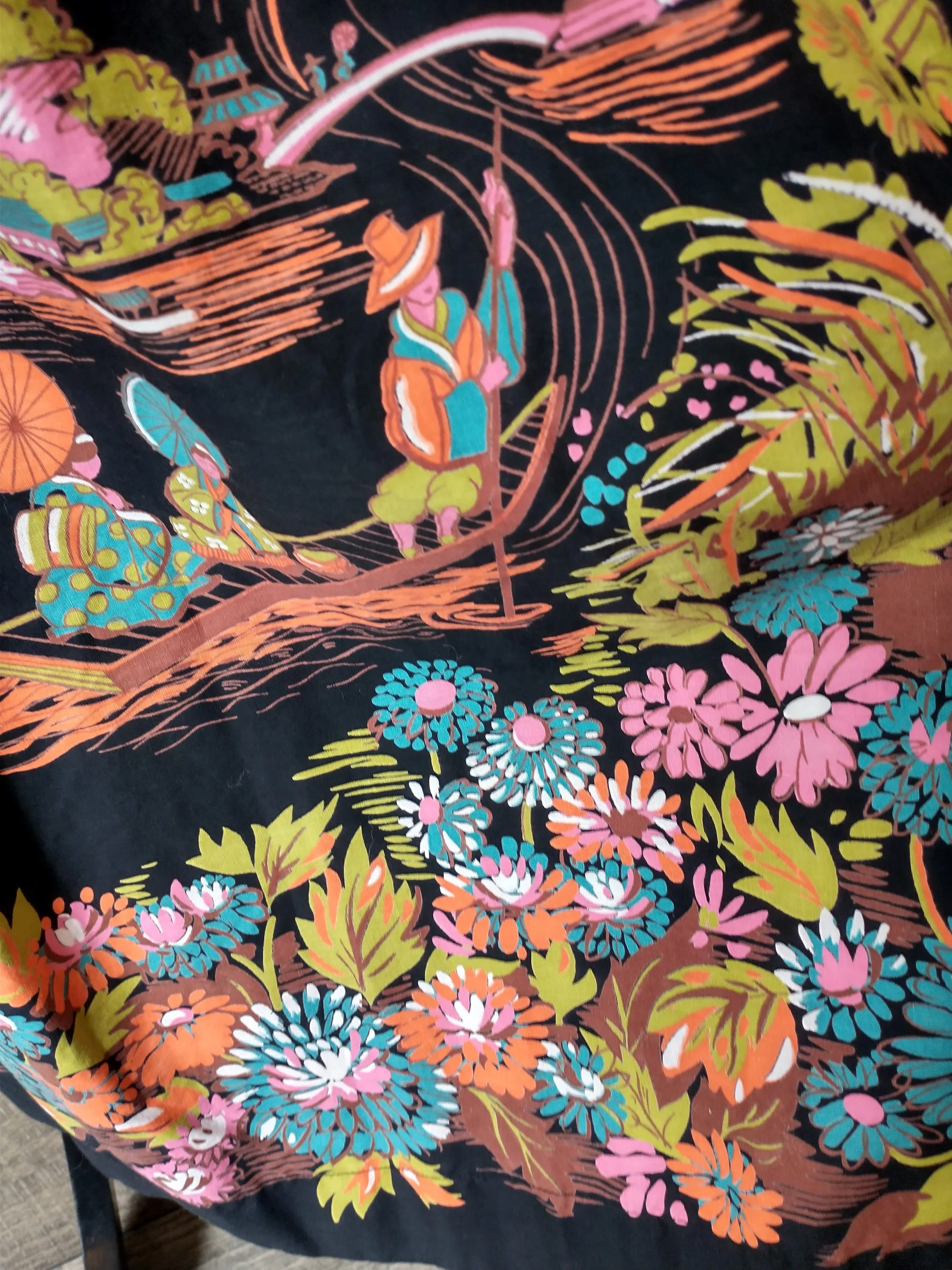 50s River Scene Theme Novelty Print Skirt Black with Bright Scene Full Pleated Pink Orange Green Women's Extra Small To Small - Image 4