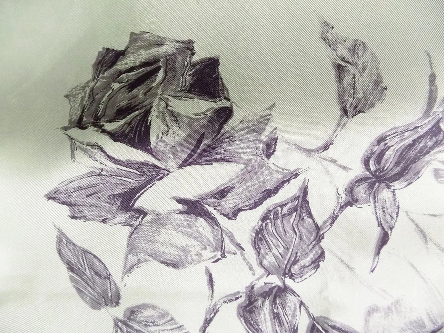 50s Rudolf Brauchbar Art Luxury Silk Scarf Made In Switzerland 30" Square Pale Olive Green Artist Rendition of Roses - Image 3