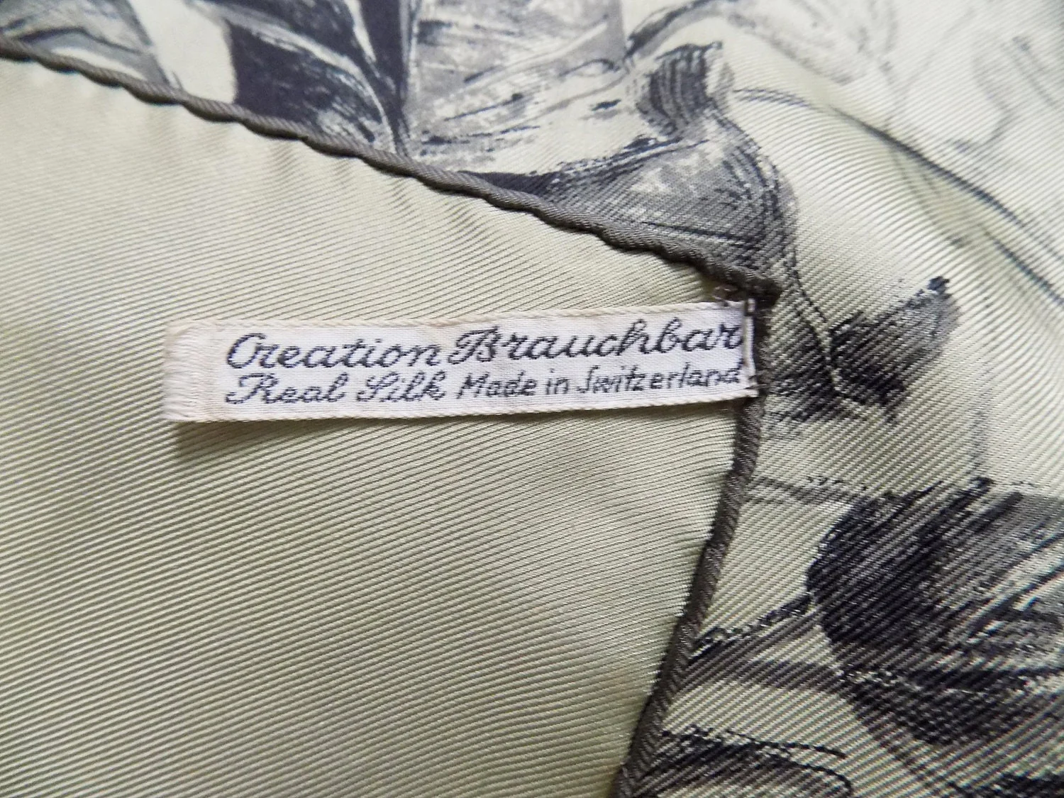 50s Rudolf Brauchbar Art Luxury Silk Scarf Made In Switzerland 30" Square Pale Olive Green Artist Rendition of Roses - Image 4
