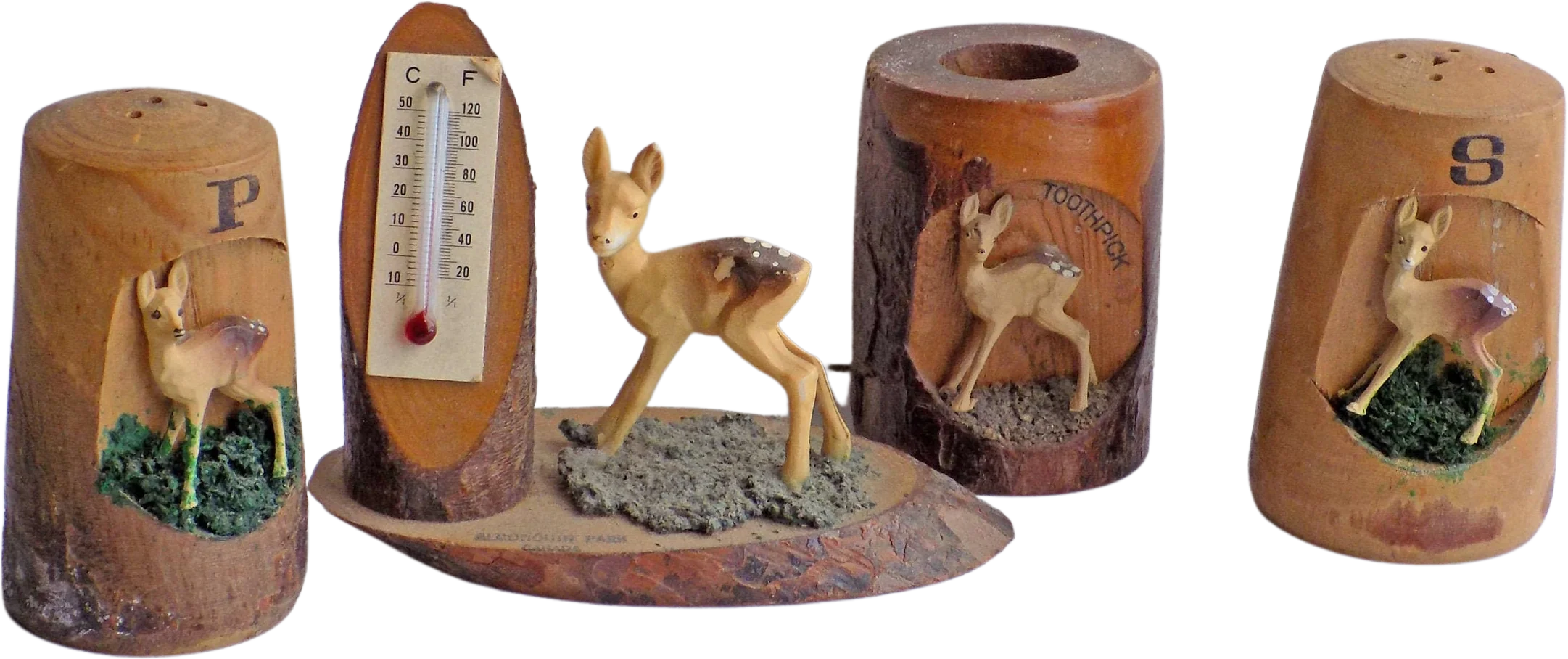50s Salt and Pepper Souvenir Set with Thermometer and Toothpick Holder From Algonquin Park Canada Made In Japan