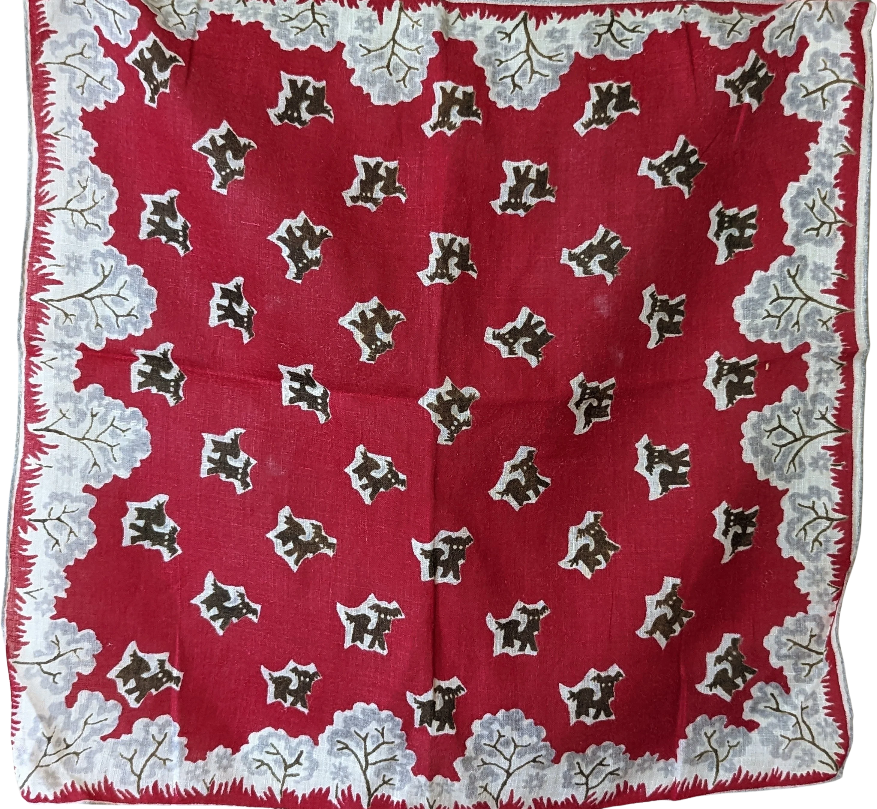 50s "scotty Dog" Red Gray, White and Black Scarf Handkerchief with Hand Rolled Edge