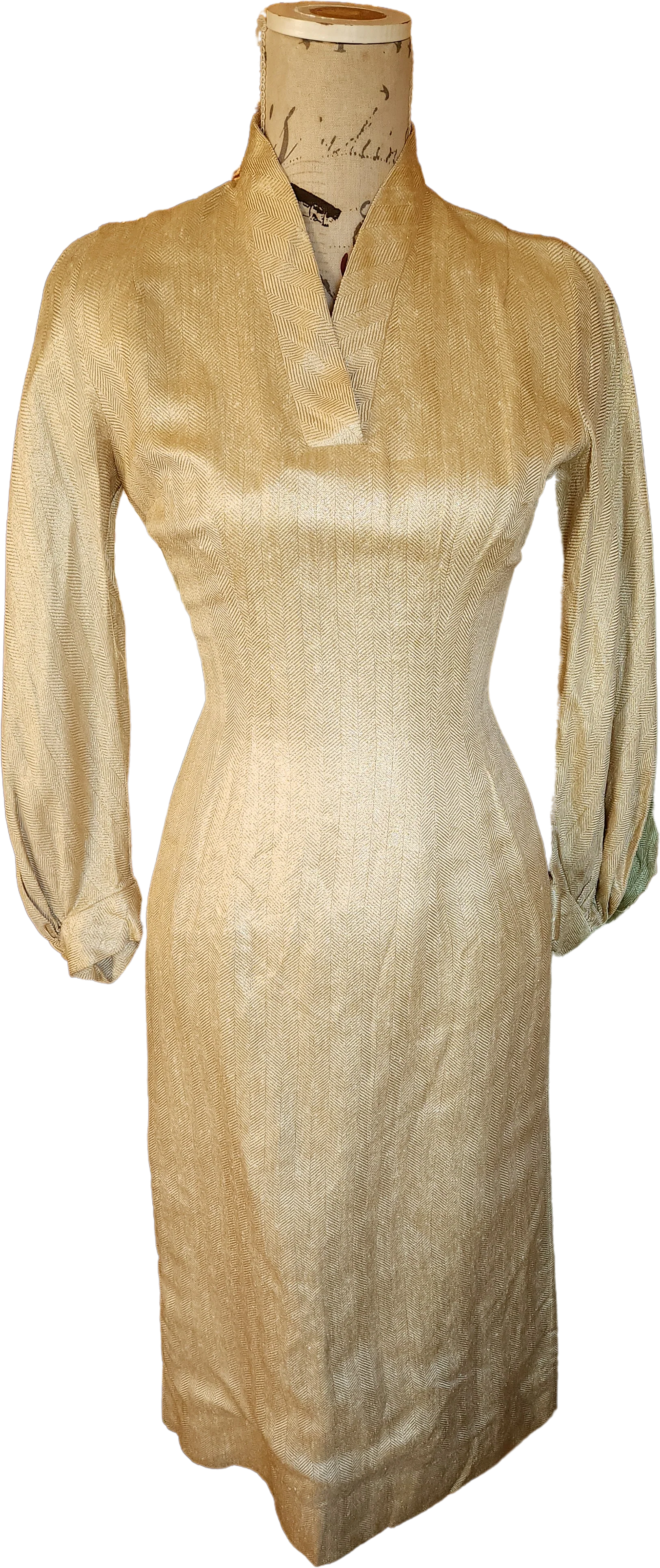 50s Sexy Metallic Gold Silk Linen Wiggle Dress By Anne Fogarty