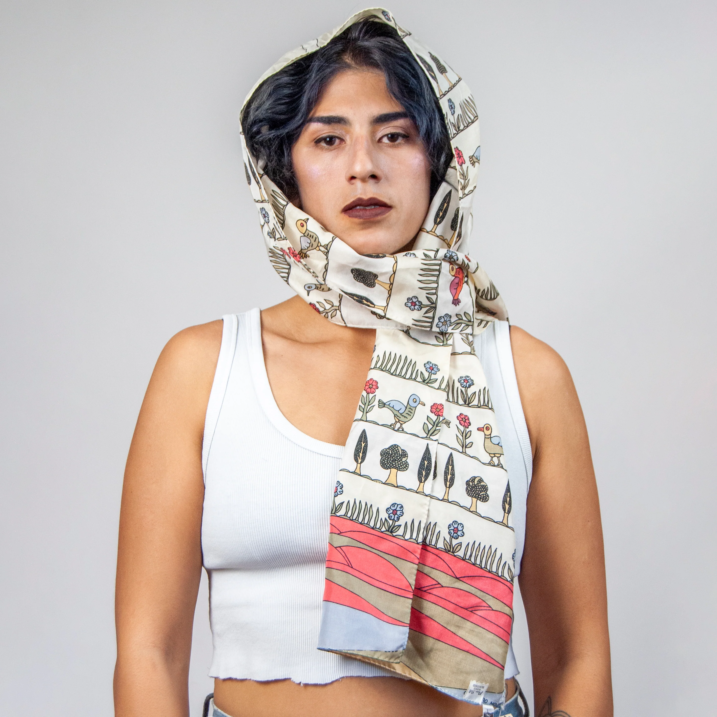 50s Shalom Of Safed Screen Painted Silk Scarf By Neiman Marcus - Image 2