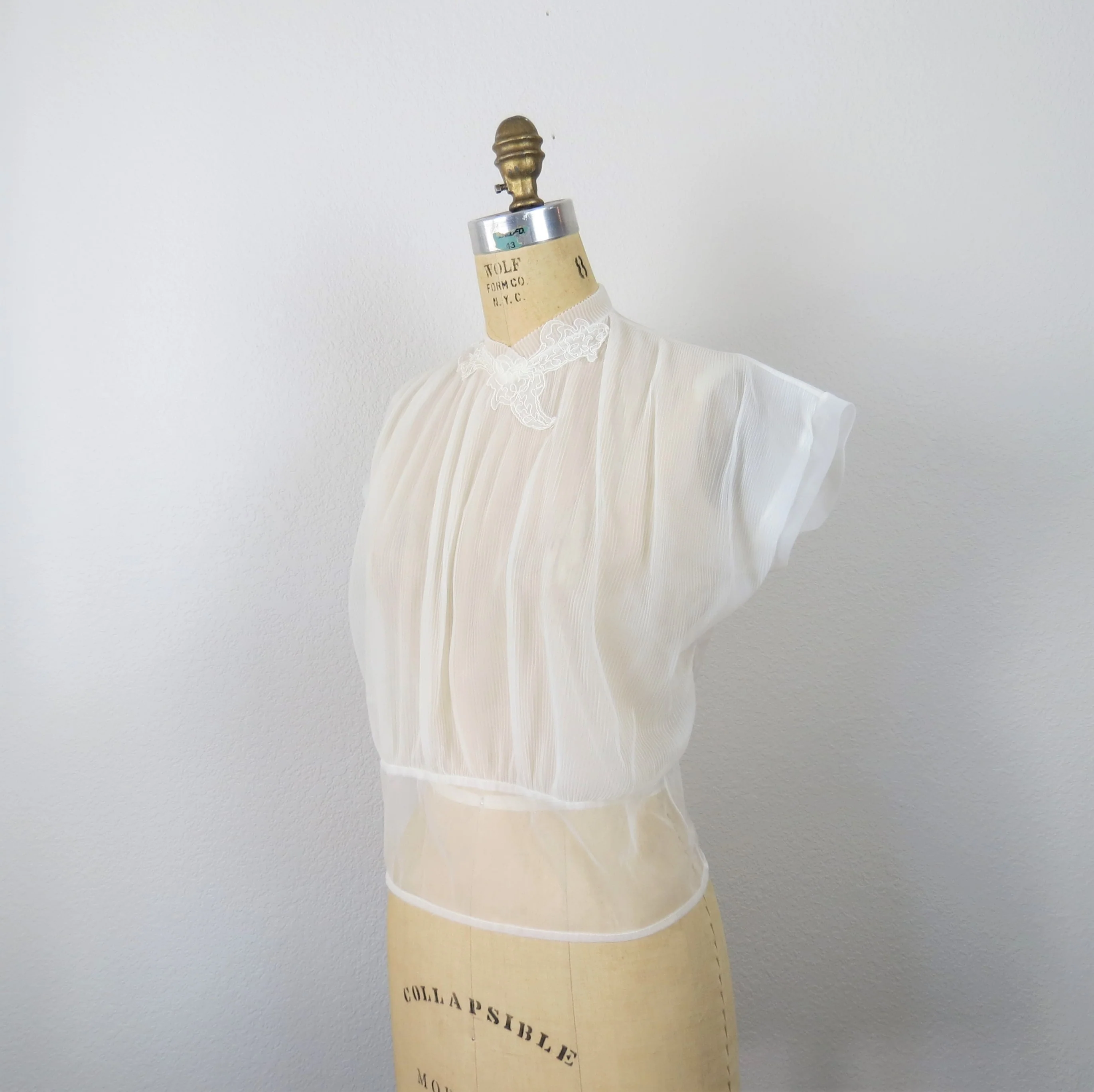 50s Sheer Nylon Blouse Button Back High Neck Dressy - Image 4