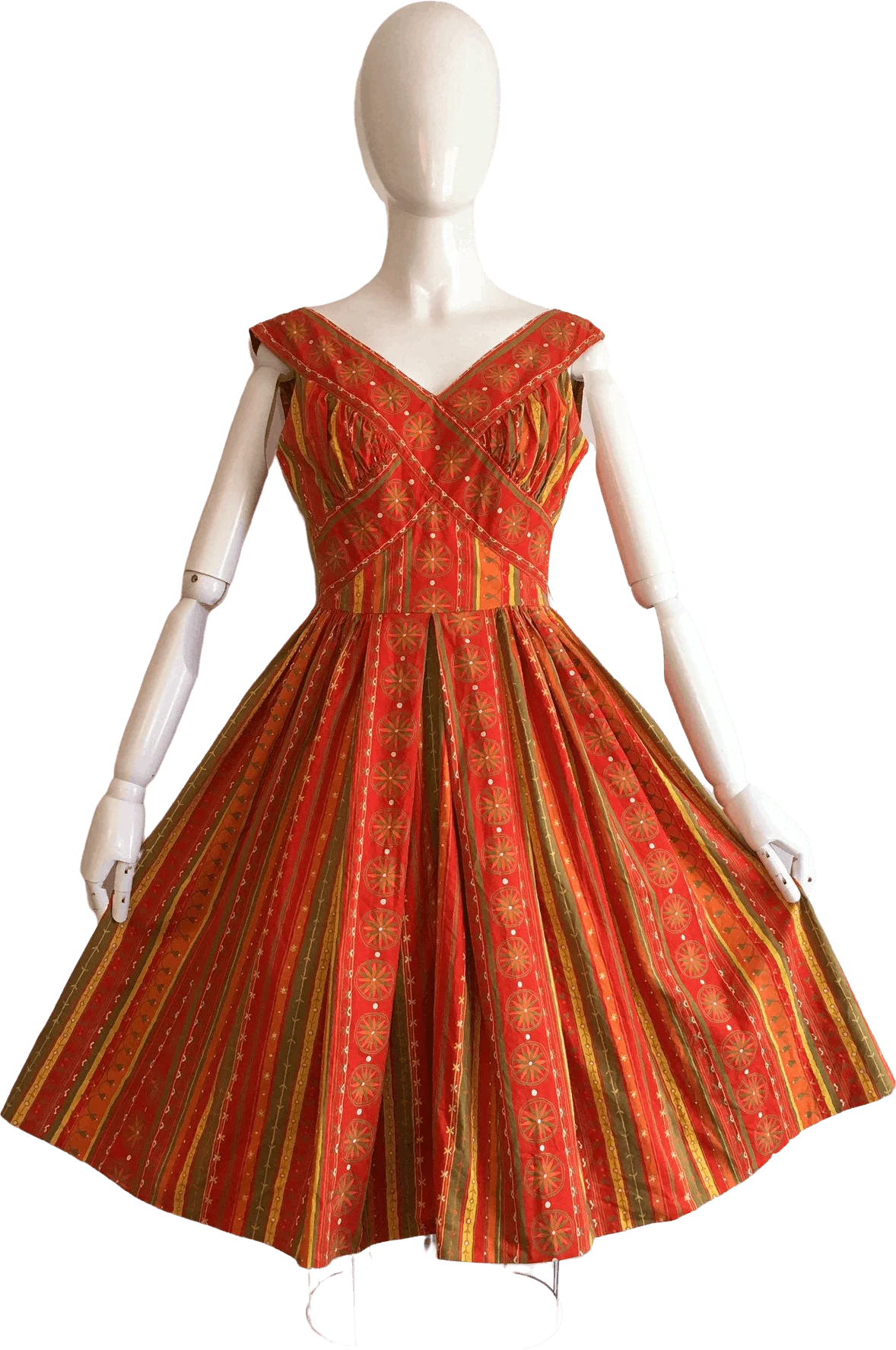 50's Sleeveless Orange Multi Print Summer Dress
