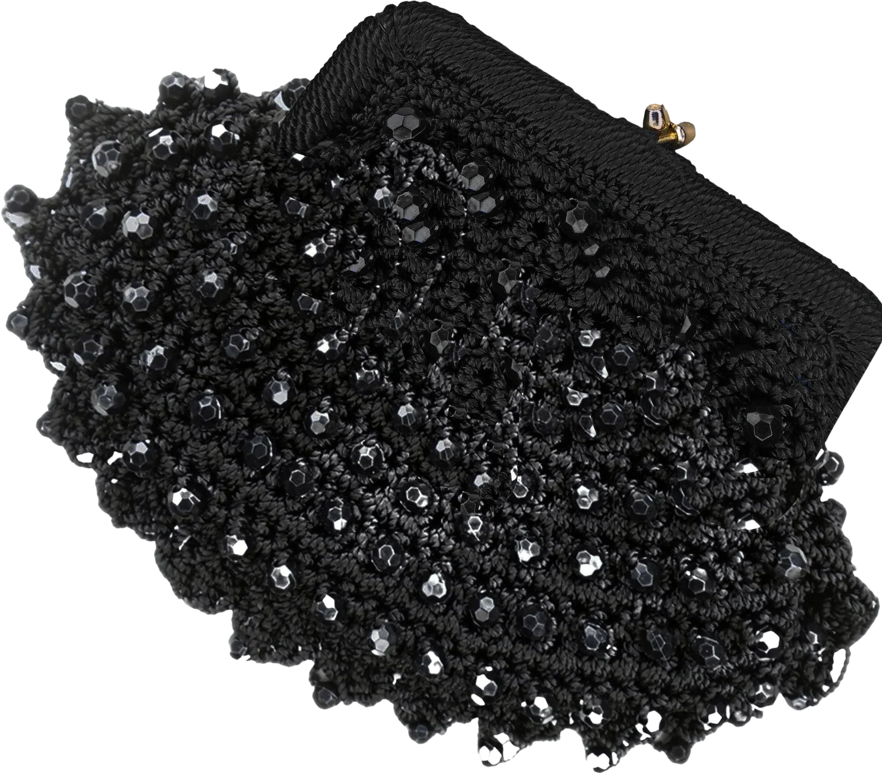 50s Small Black Beaded Crochet Clutch, Mini Purse By Walborg